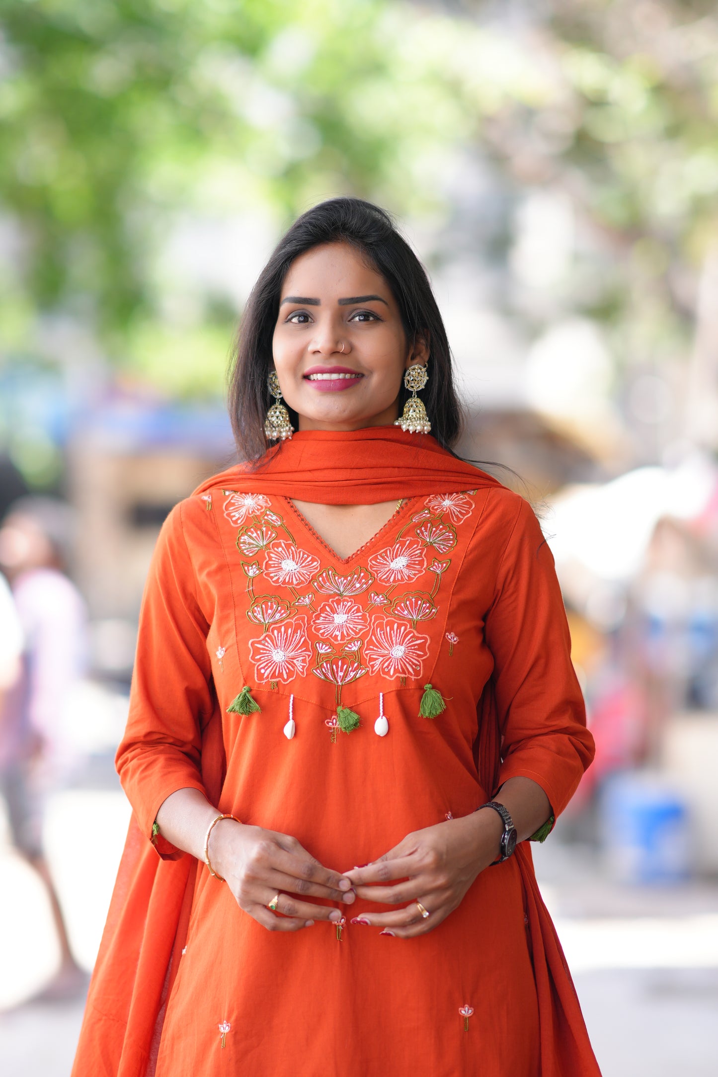 Orange Color Jaipur Cotton 3 piece Set With Embroidery Work and Complete Lining