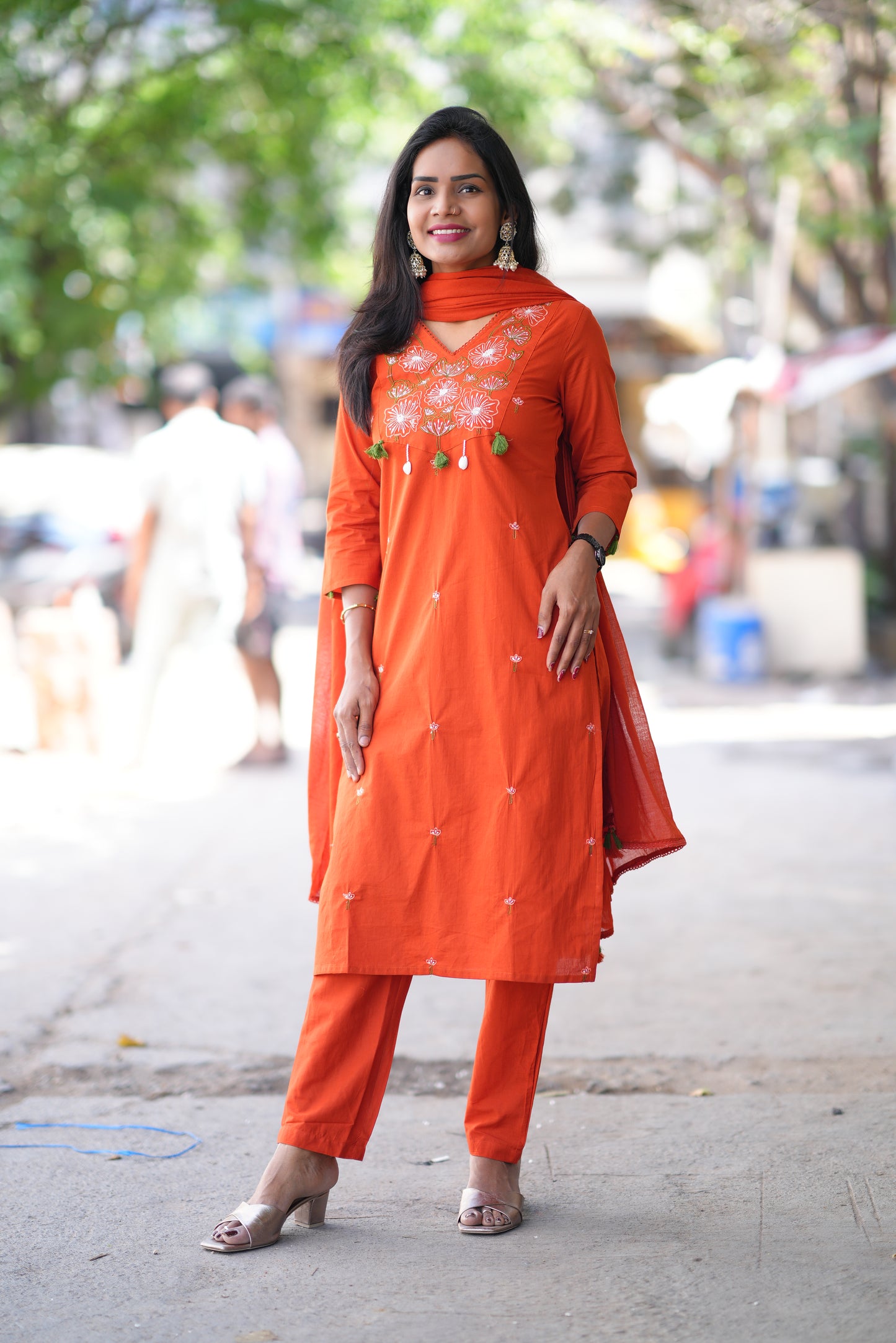 Orange Color Jaipur Cotton 3 piece Set With Embroidery Work and Complete Lining