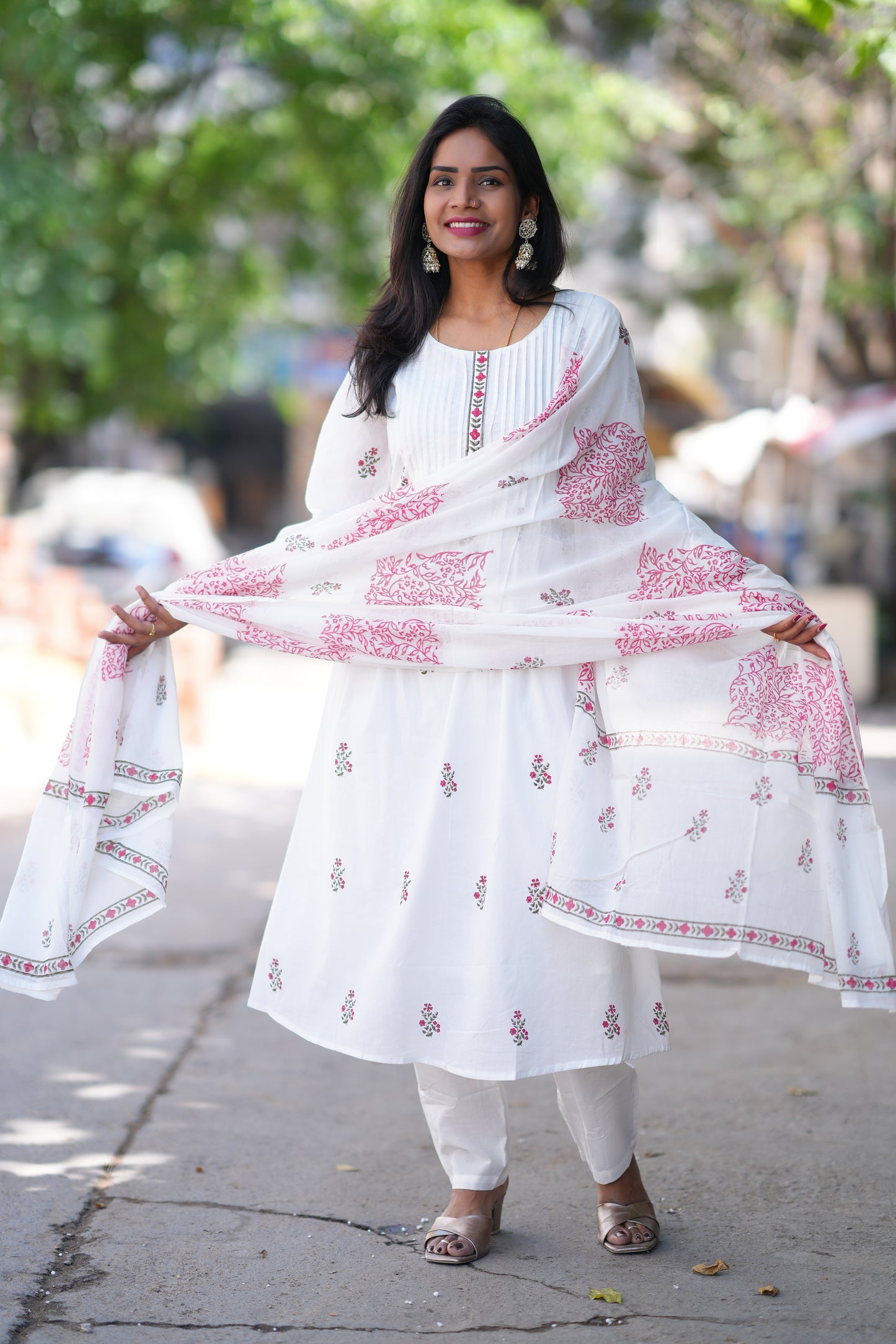 White Color Jaipur Cotton 3 Piece Set With Block Print and Complete Lining