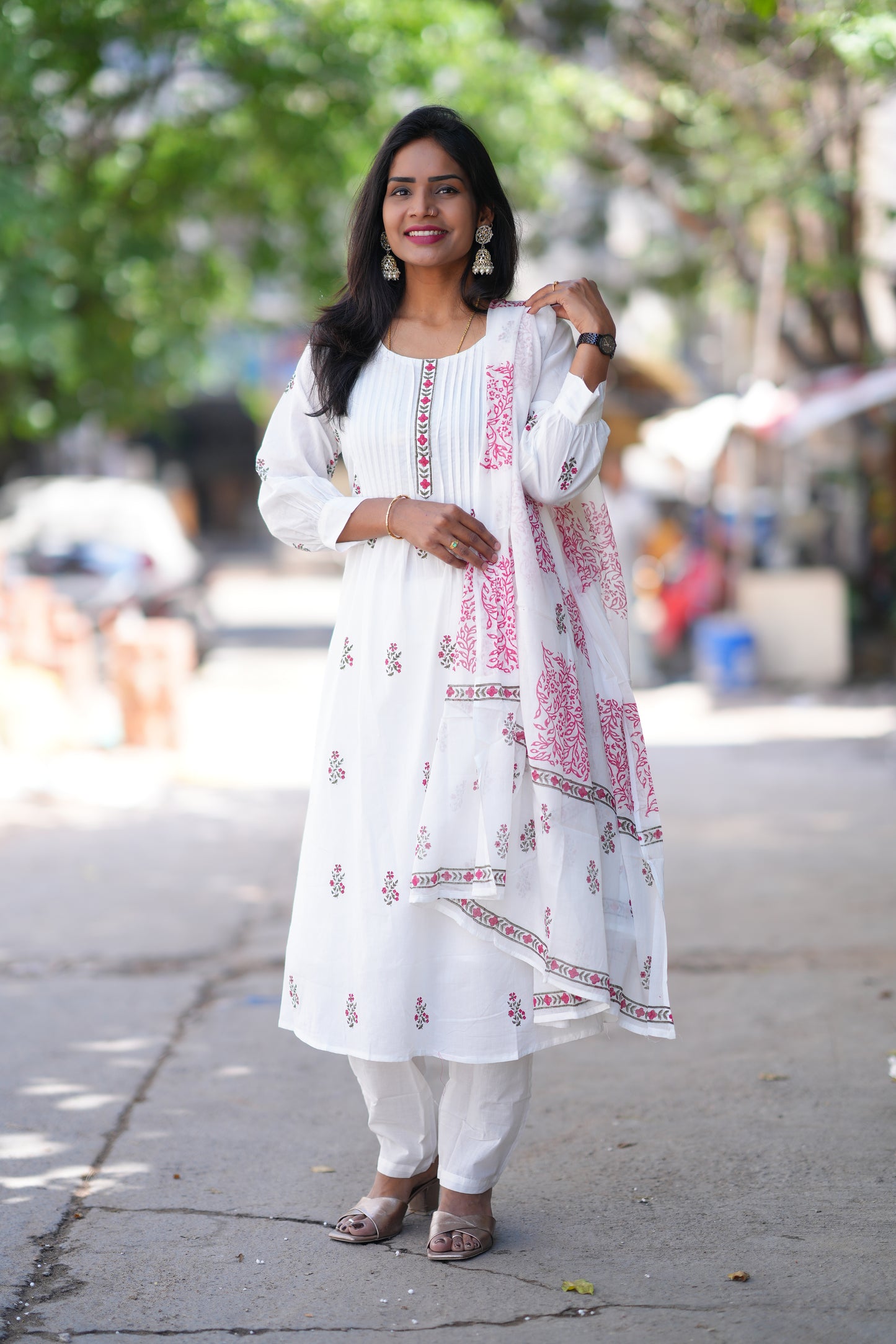 White Color Jaipur Cotton 3 Piece Set With Block Print and Complete Lining