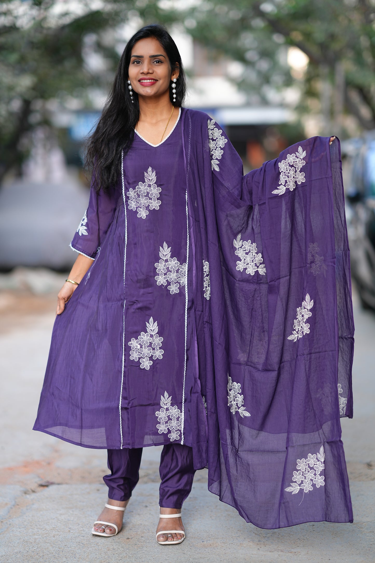 Purple Color Premium Mul Chanderi Festive 3-Piece Embroidered Set with Full Lining