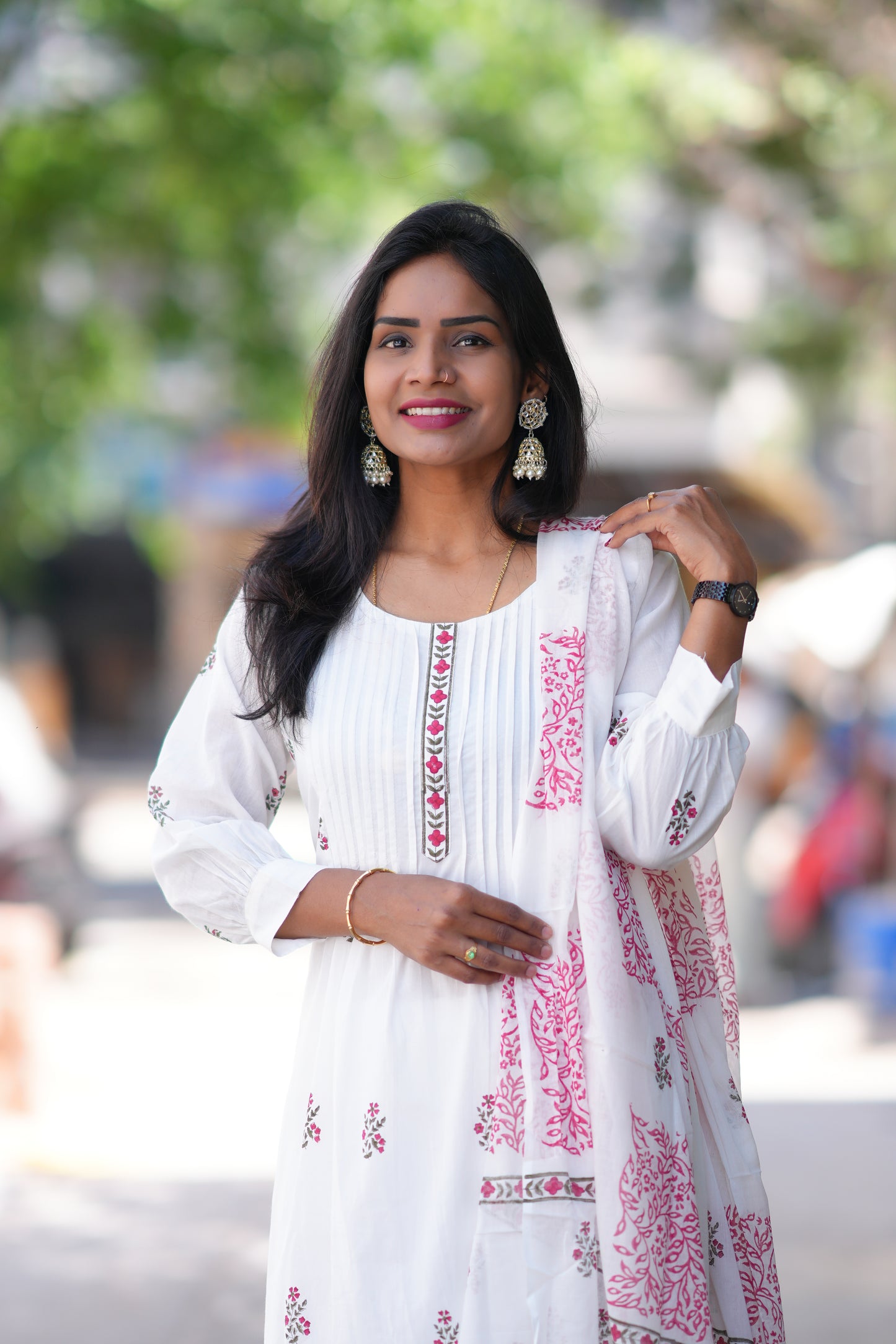 White Color Jaipur Cotton 3 Piece Set With Block Print and Complete Lining