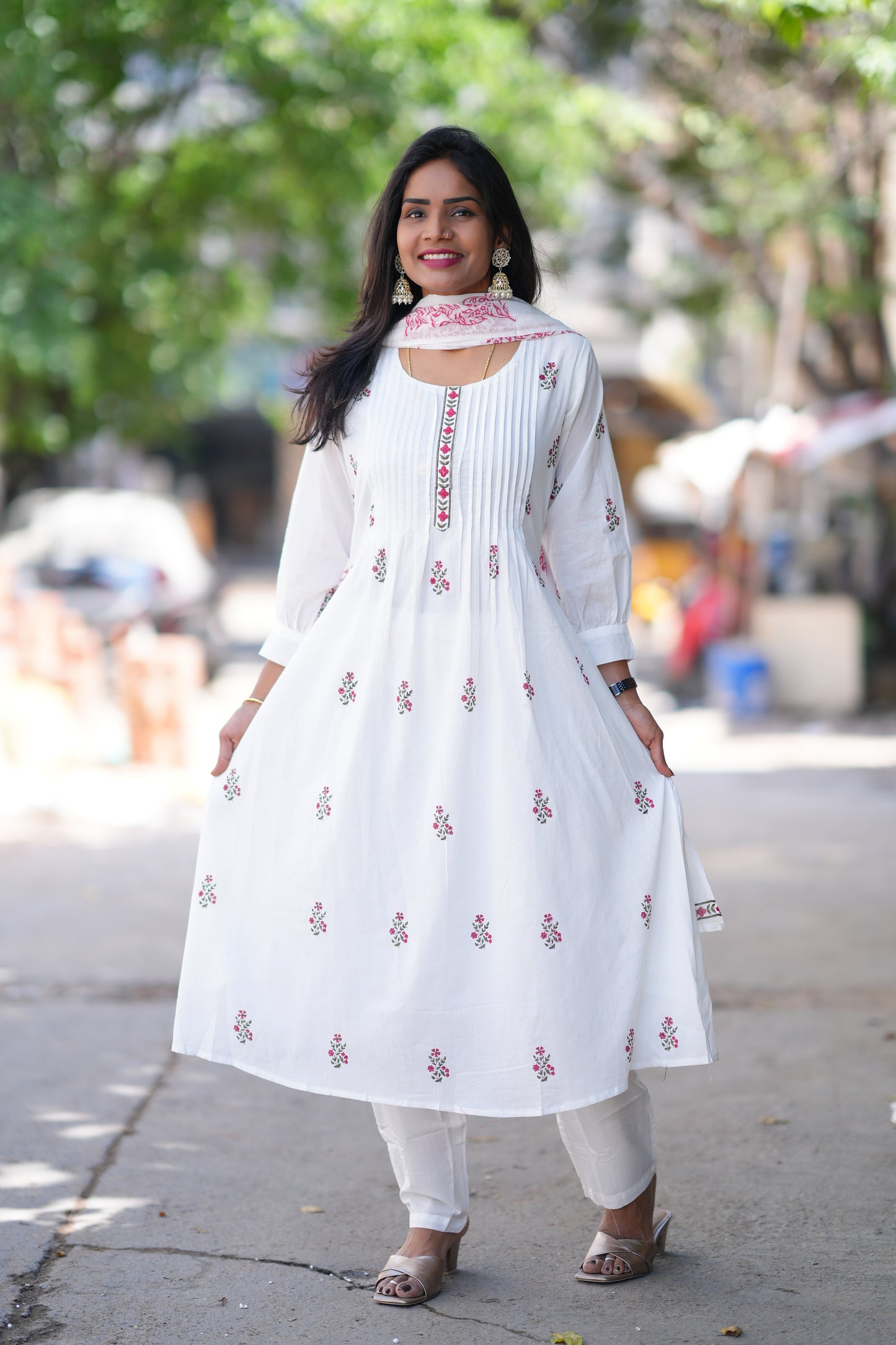 White Color Jaipur Cotton 3 Piece Set With Block Print and Complete Lining