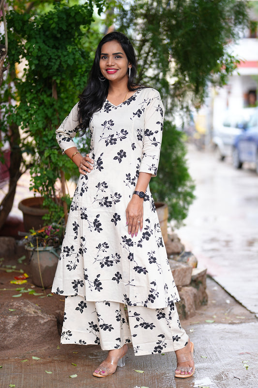 Cream Jaipur Cotton With Black Flower Print Cord Set