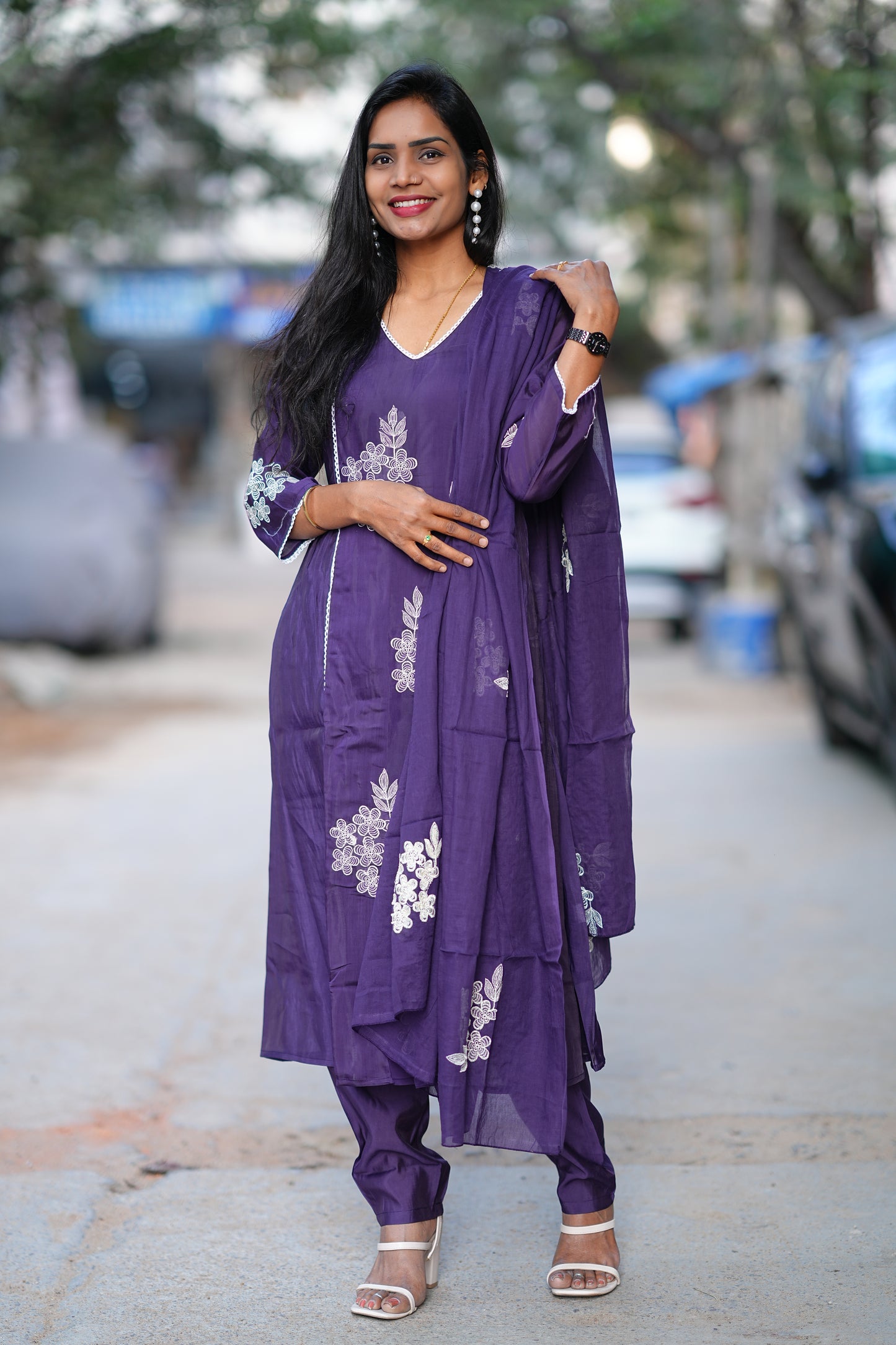 Purple Color Premium Mul Chanderi Festive 3-Piece Embroidered Set with Full Lining