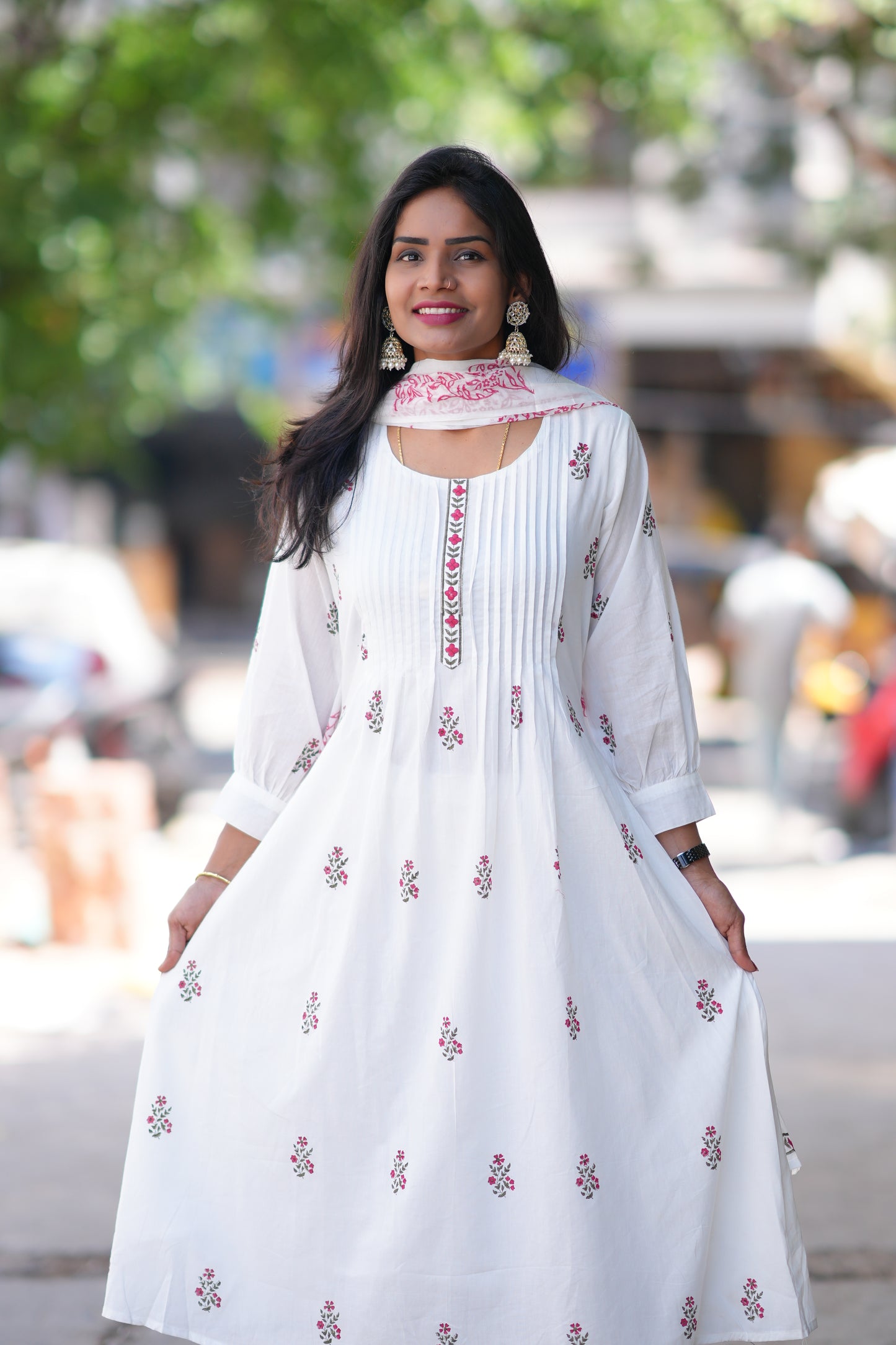 White Color Jaipur Cotton 3 Piece Set With Block Print and Complete Lining