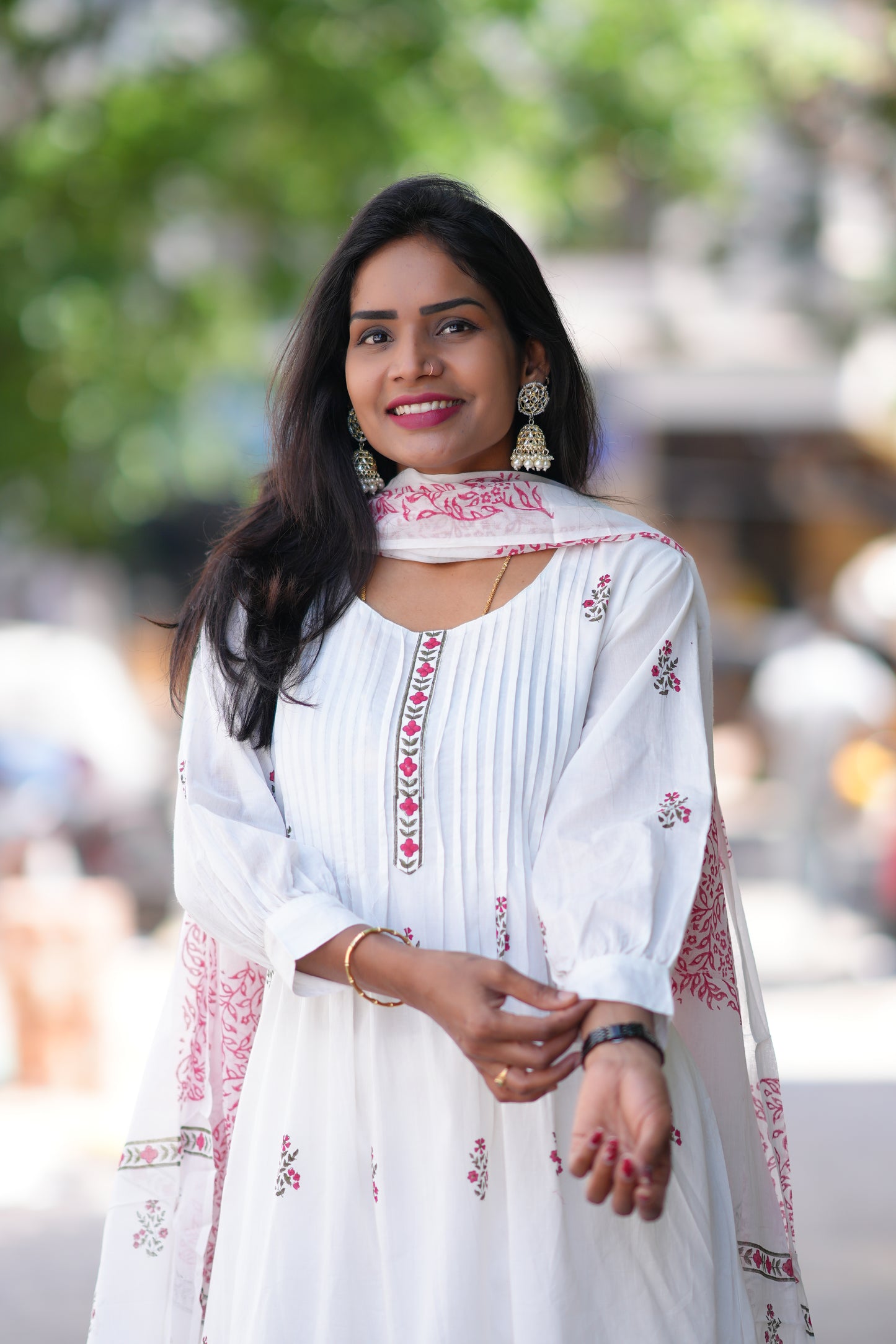 White Color Jaipur Cotton 3 Piece Set With Block Print and Complete Lining