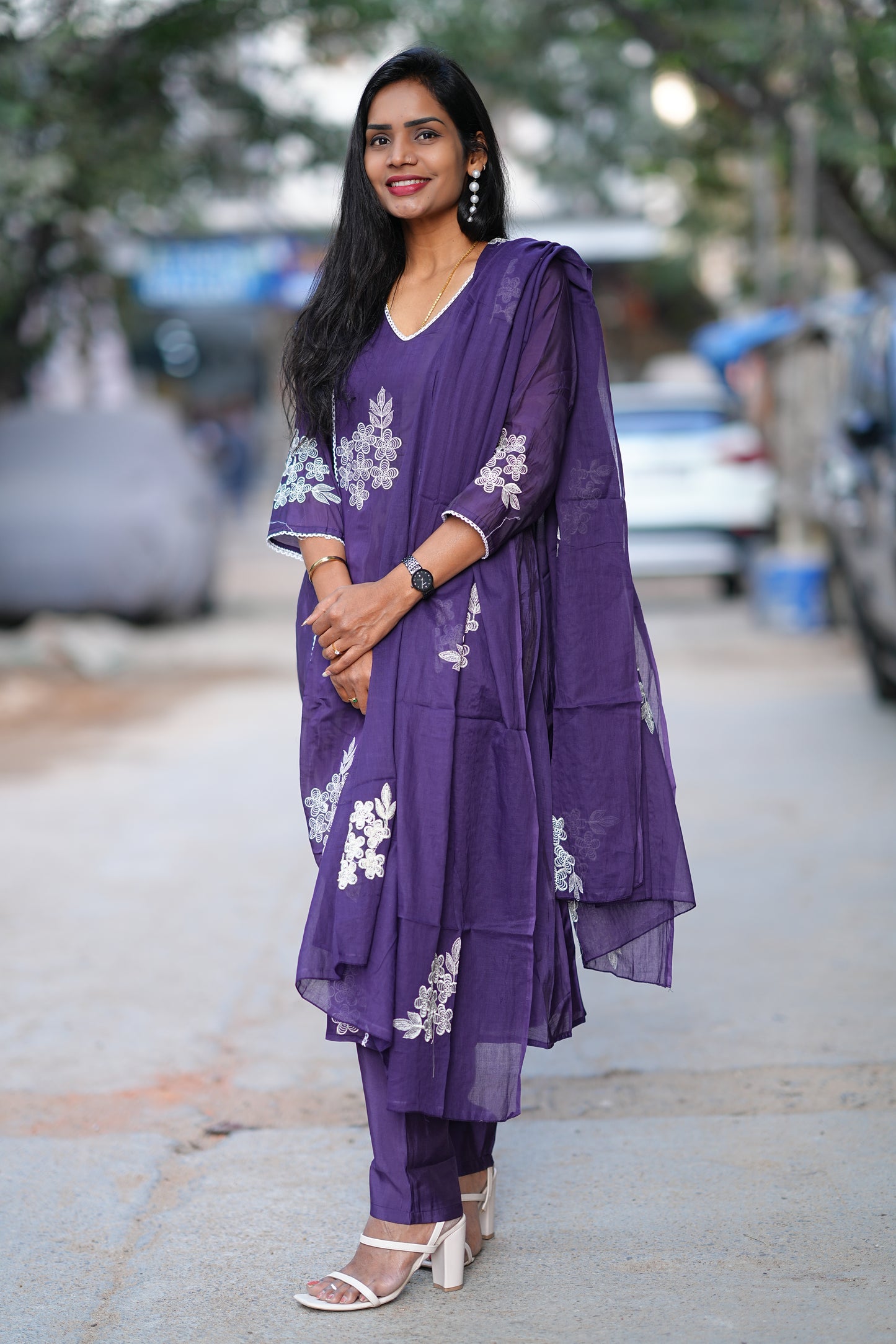 Purple Color Premium Mul Chanderi Festive 3-Piece Embroidered Set with Full Lining