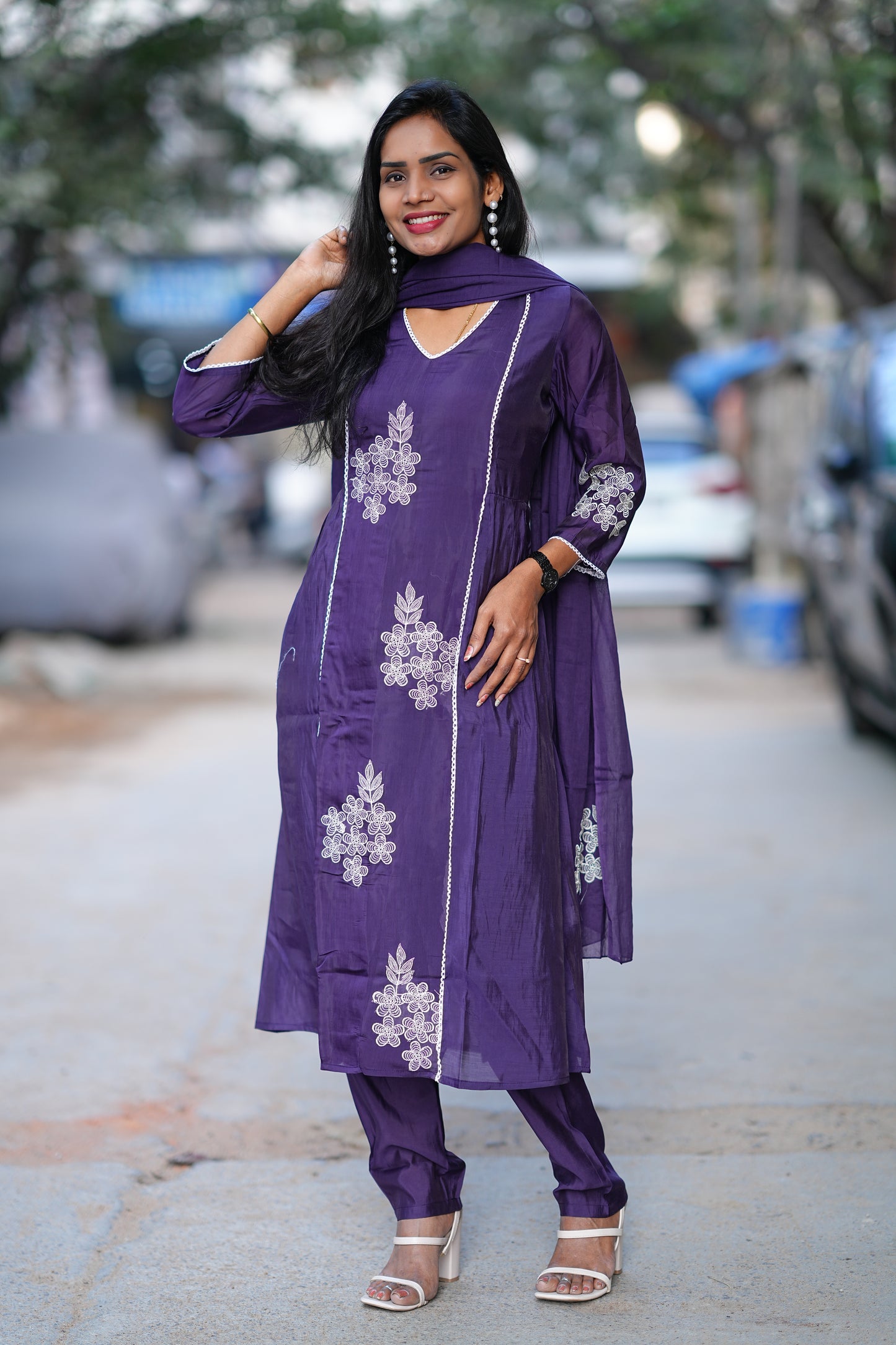 Purple Color Premium Mul Chanderi Festive 3-Piece Embroidered Set with Full Lining