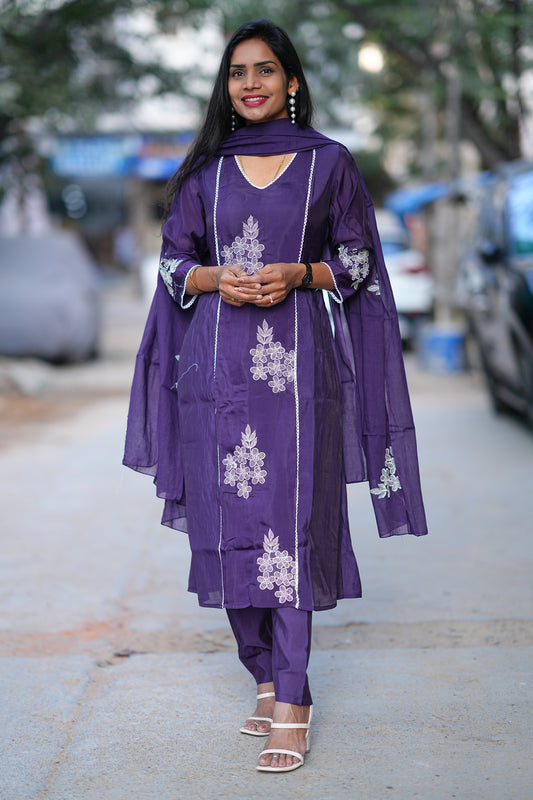 Purple Color Premium Mul Chanderi Festive 3-Piece Embroidered Set with Full Lining