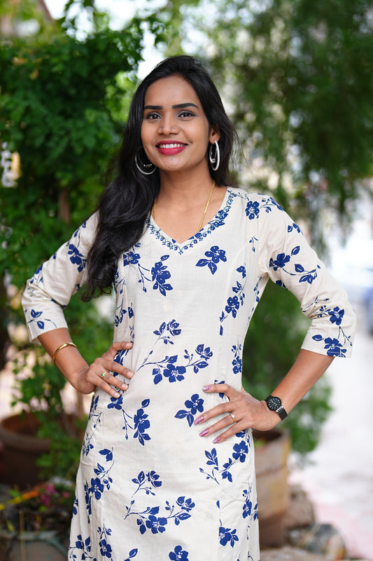 Cream Jaipur Cotton With Blue Flower Print Cord Set