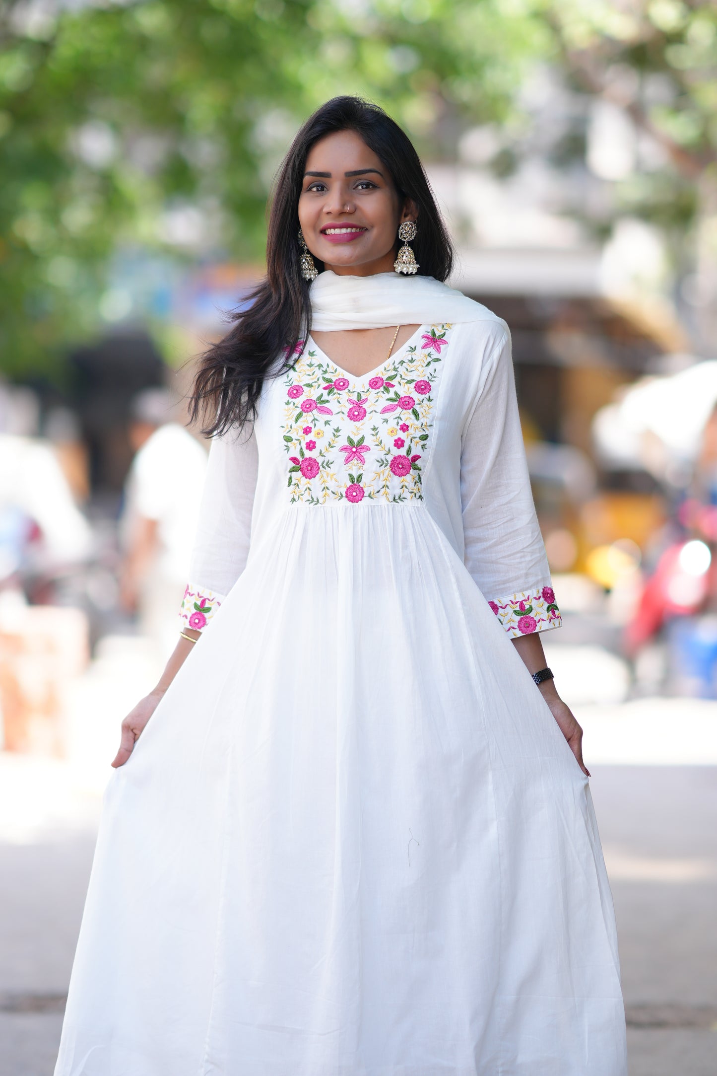 White Color Jaipur Cotton 3 Piece Set With Thread Work and Complete Lining
