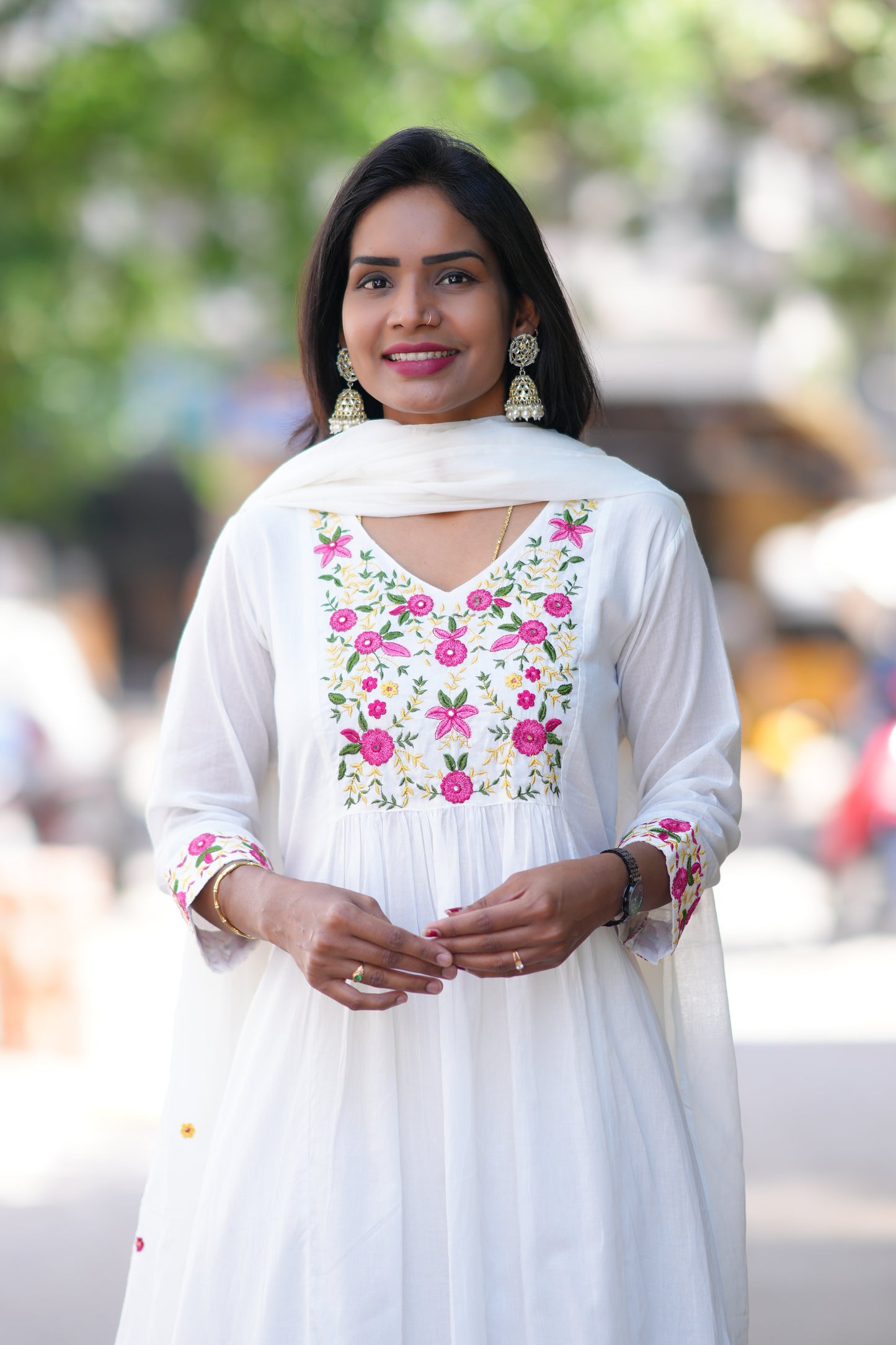 White Color Jaipur Cotton 3 Piece Set With Thread Work and Complete Lining