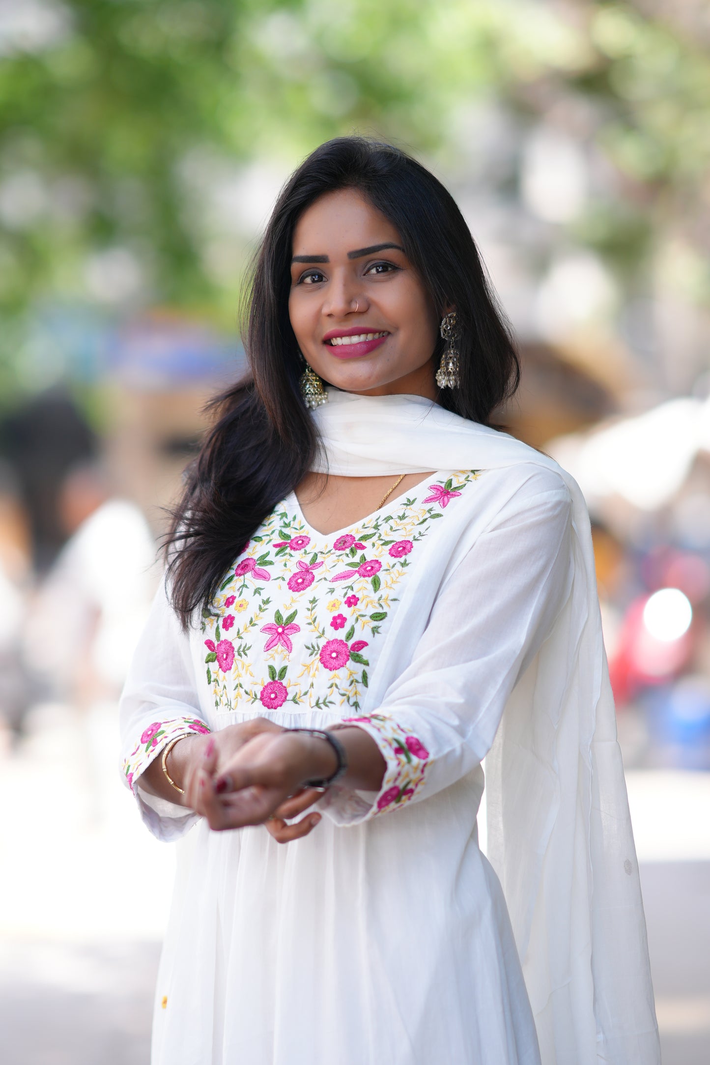 White Color Jaipur Cotton 3 Piece Set With Thread Work and Complete Lining
