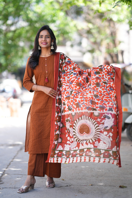 Brown Color Pintax Cotton 3 Piece Set With Contrast Duppata