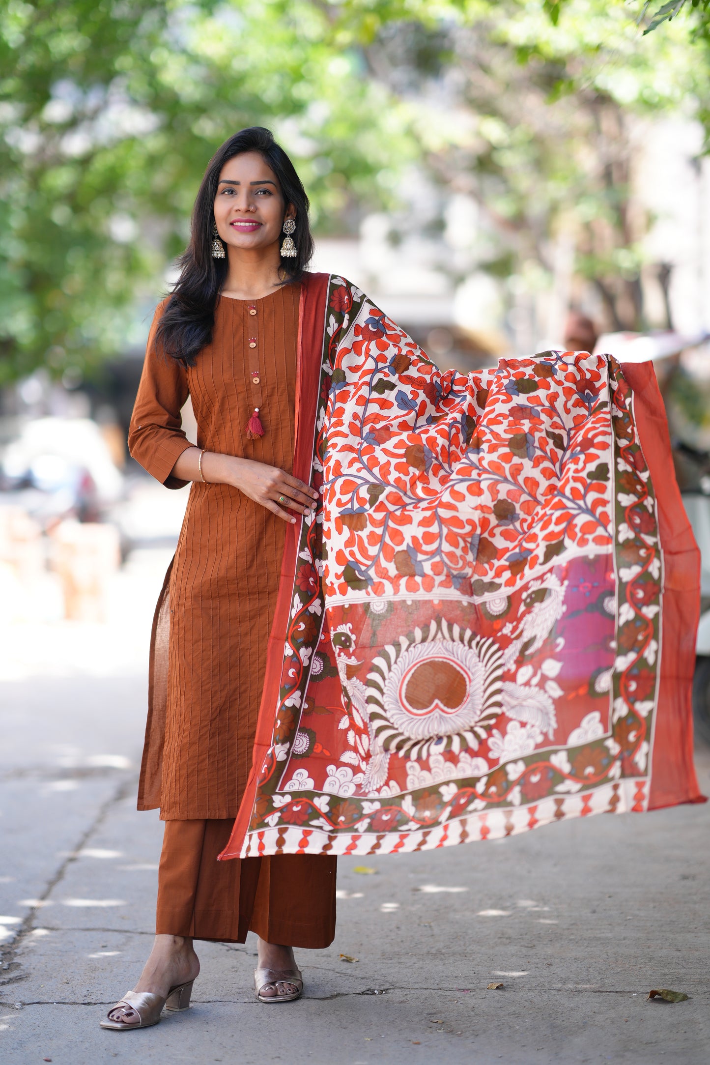 Brown Color Pintax Cotton 3 Piece Set With Contrast Duppata