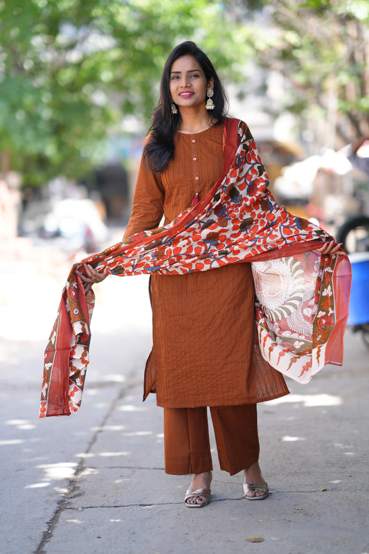 Brown Color Pintax Cotton 3 Piece Set With Contrast Duppata