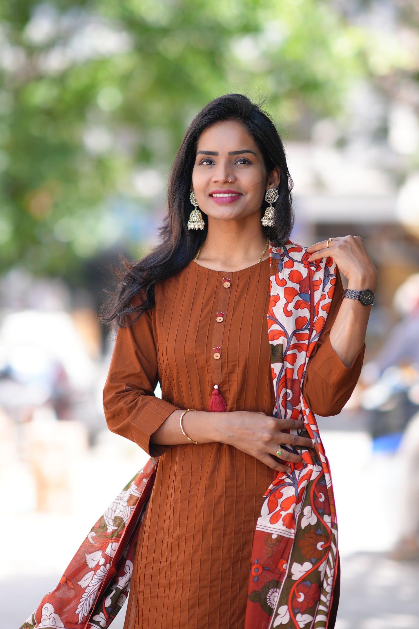 Brown Color Pintax Cotton 3 Piece Set With Contrast Duppata