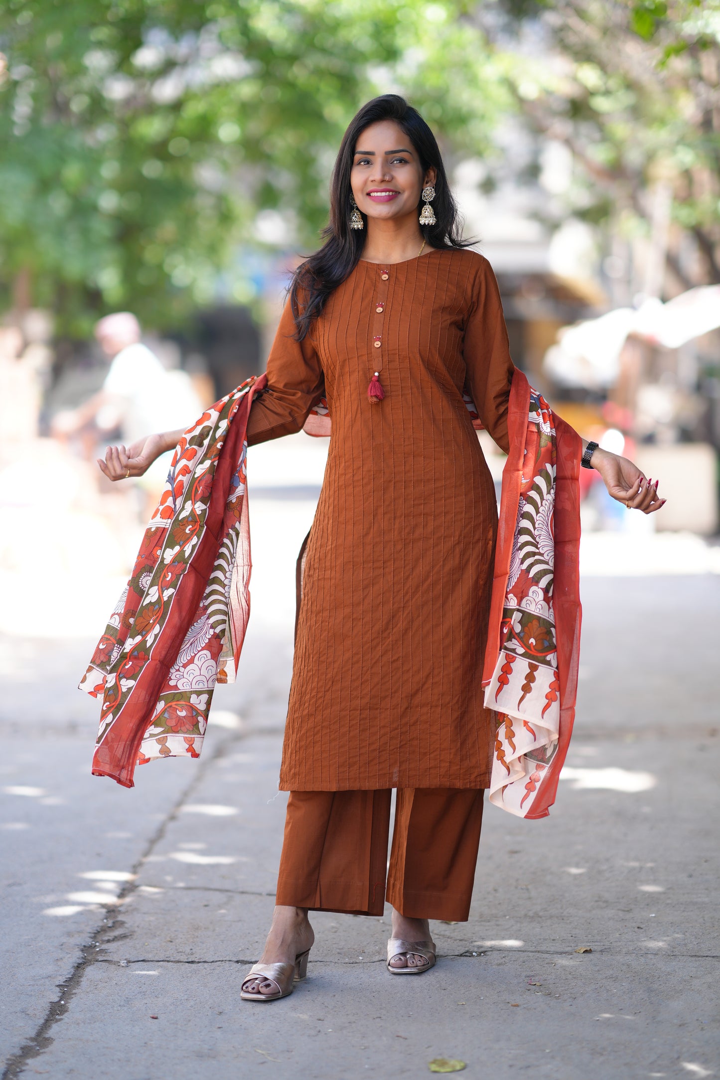 Brown Color Pintax Cotton 3 Piece Set With Contrast Duppata
