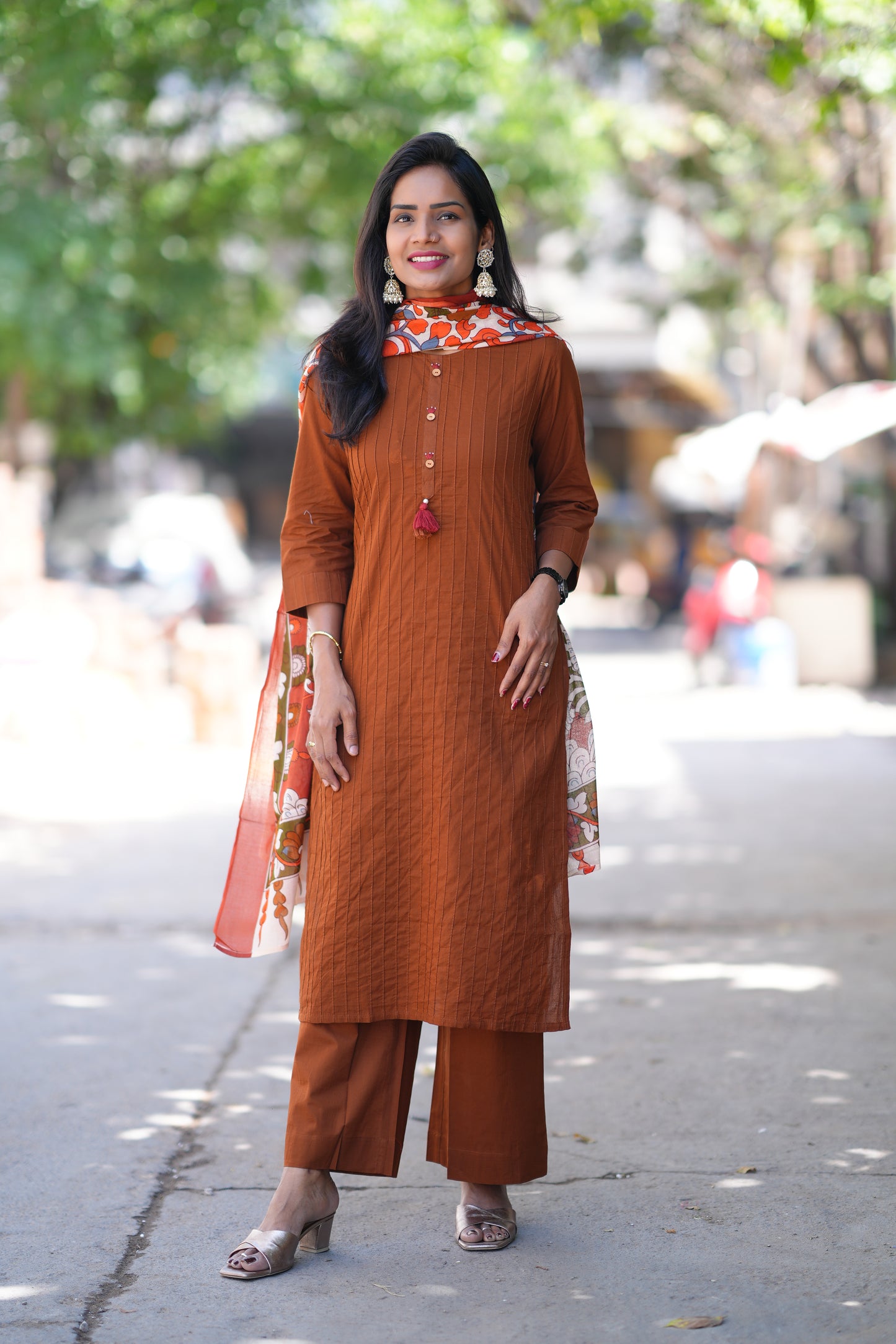 Brown Color Pintax Cotton 3 Piece Set With Contrast Duppata