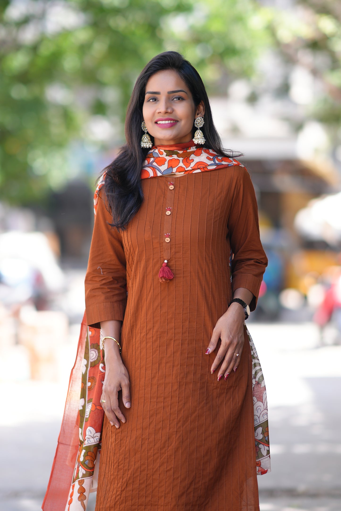 Brown Color Pintax Cotton 3 Piece Set With Contrast Duppata