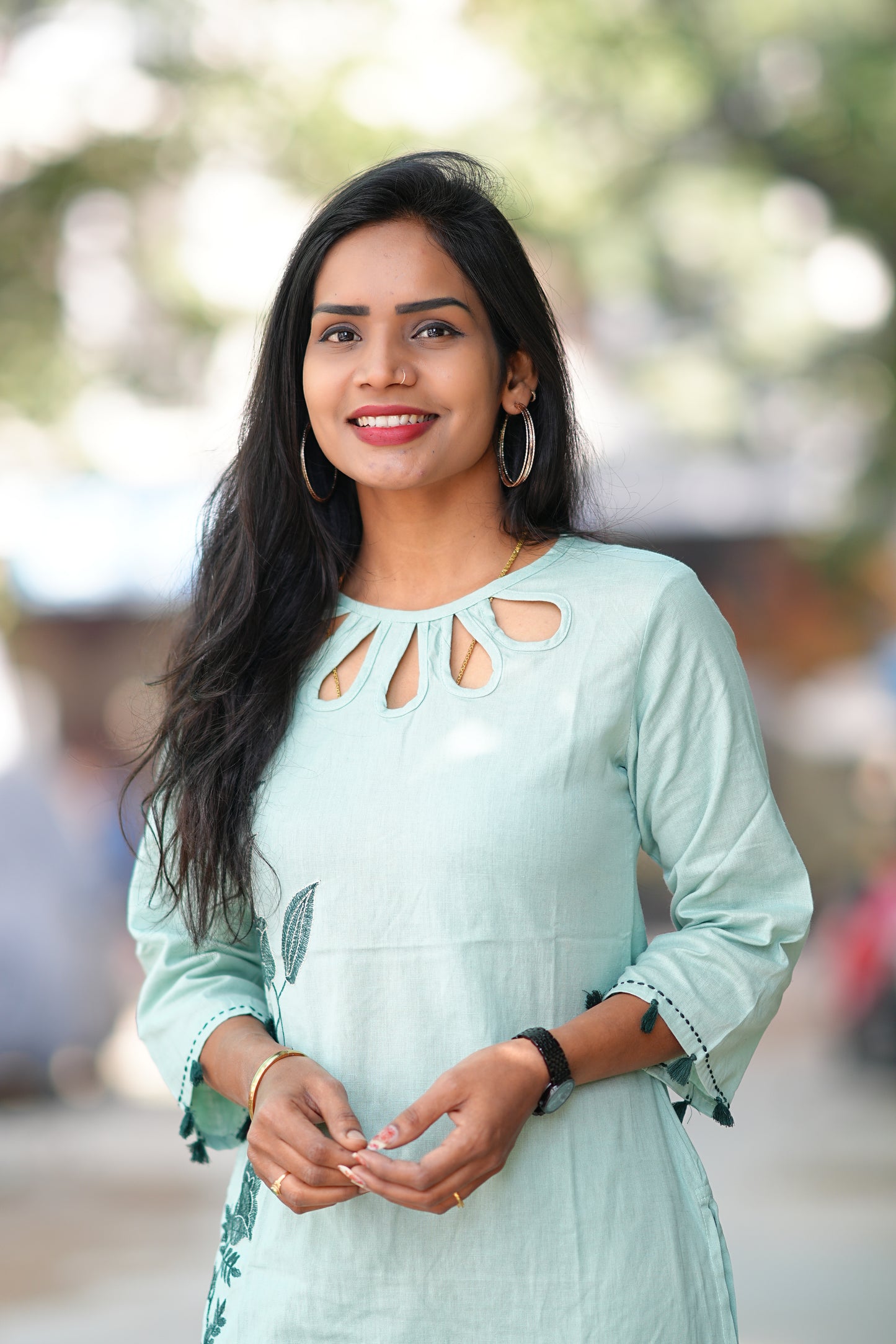 Mint Green Designer Wear cord set in Flex Cotton With Embroidered Work