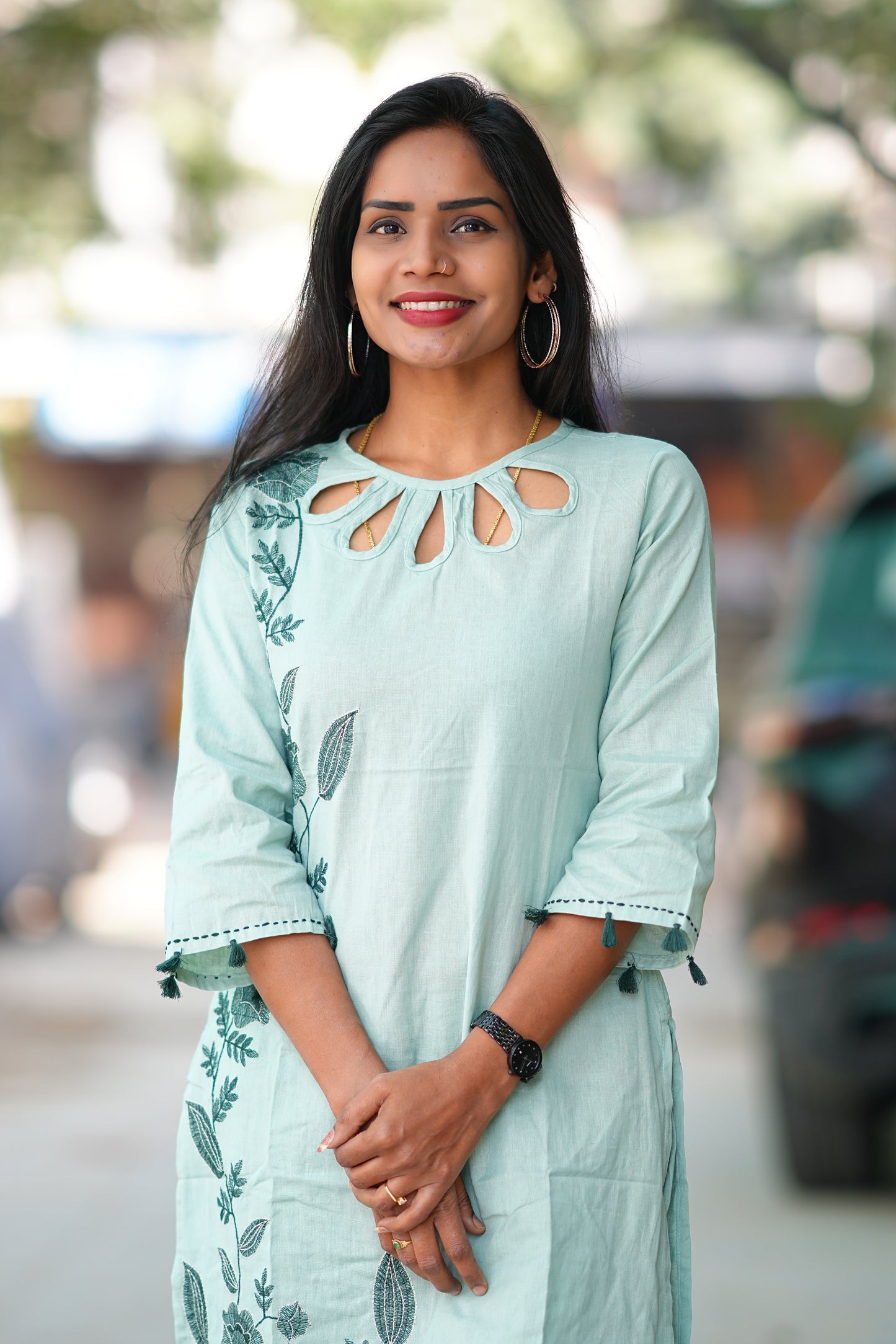 Mint Green Designer Wear cord set in Flex Cotton With Embroidered Work