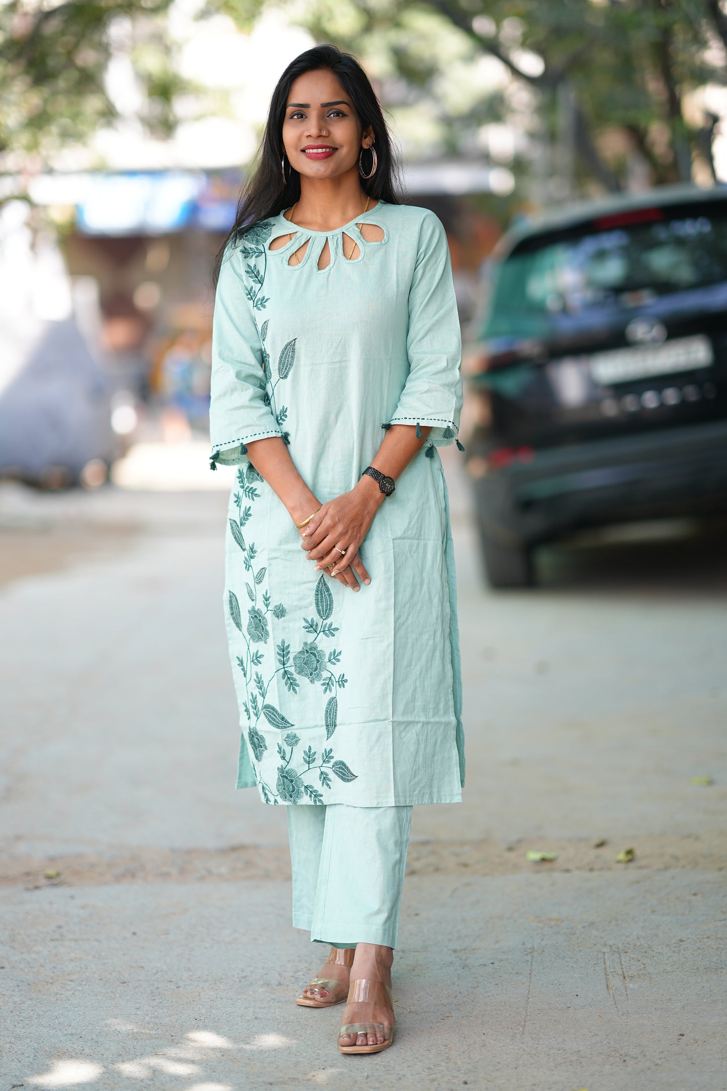 Mint Green Designer Wear cord set in Flex Cotton With Embroidered Work
