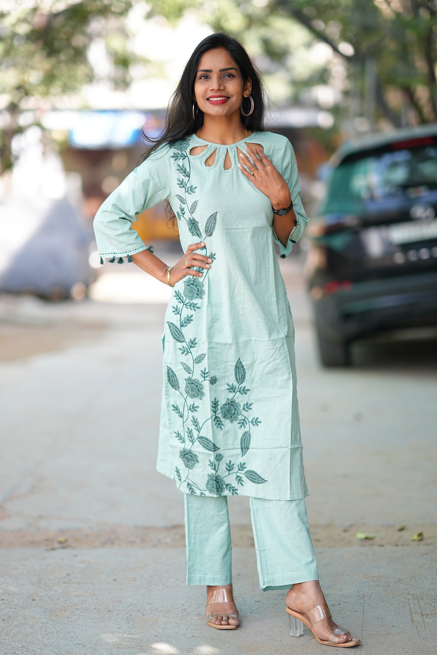 Mint Green Designer Wear cord set in Flex Cotton With Embroidered Work