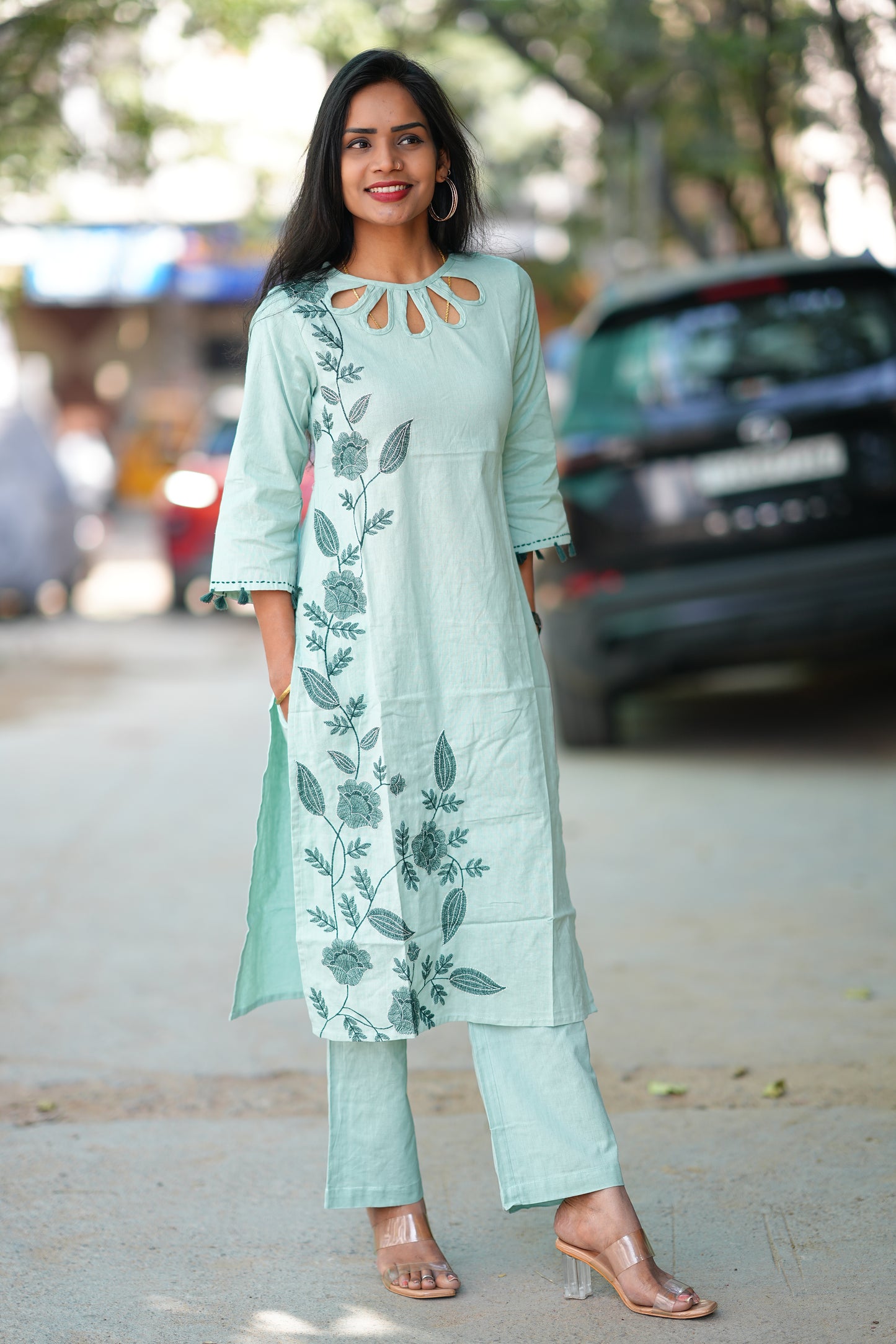 Mint Green Designer Wear cord set in Flex Cotton With Embroidered Work