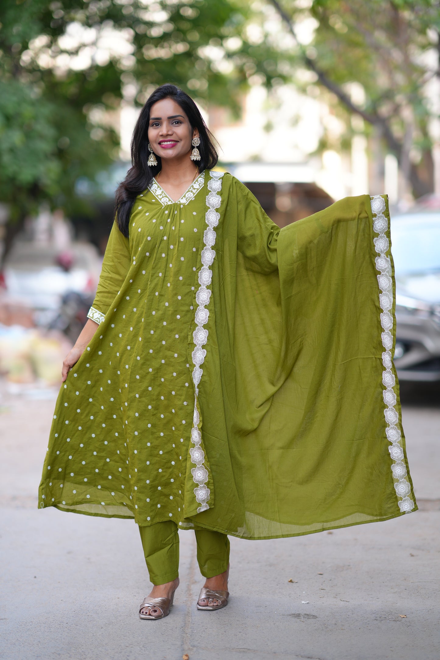 Green Color Mul Cotton Designer 3 Piece Set With Complete Lining