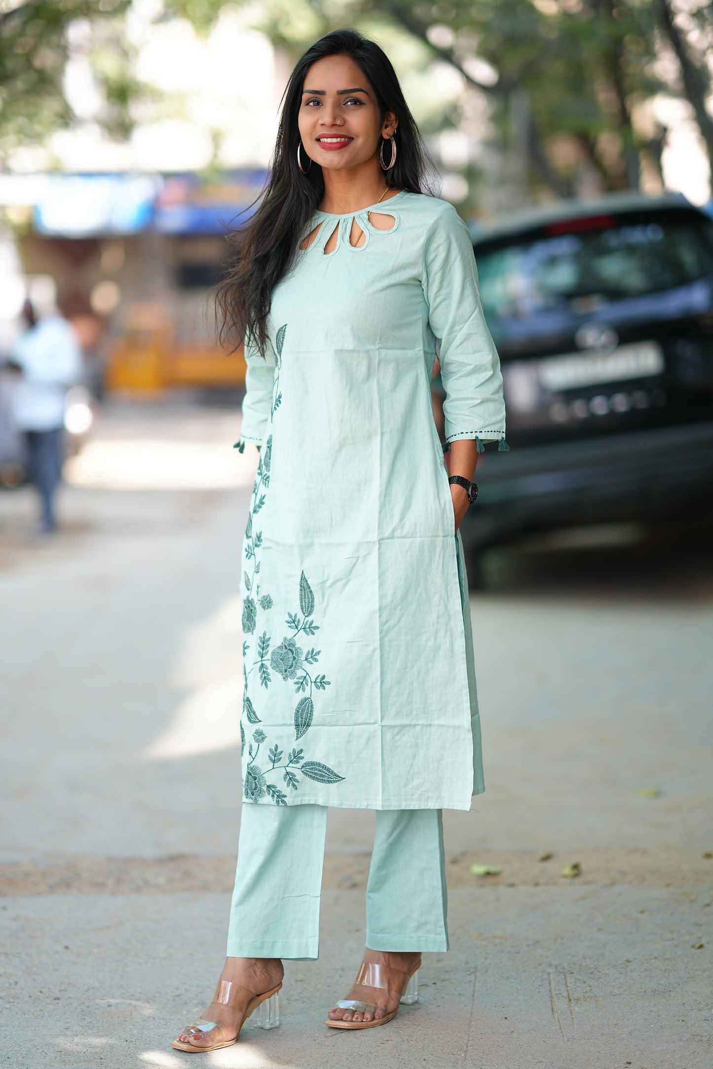 Mint Green Designer Wear cord set in Flex Cotton With Embroidered Work