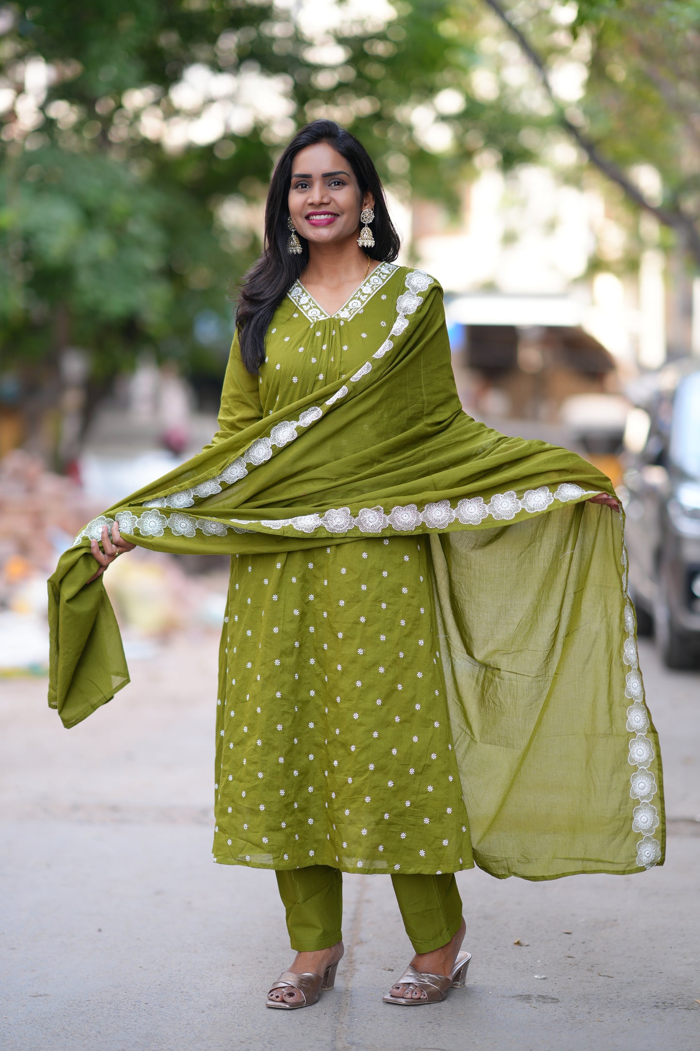 Green Color Mul Cotton Designer 3 Piece Set With Complete Lining