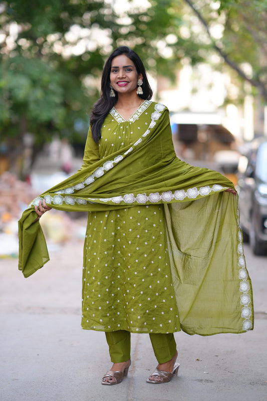 Green Color Mul Cotton Designer 3 Piece Set With Complete Lining