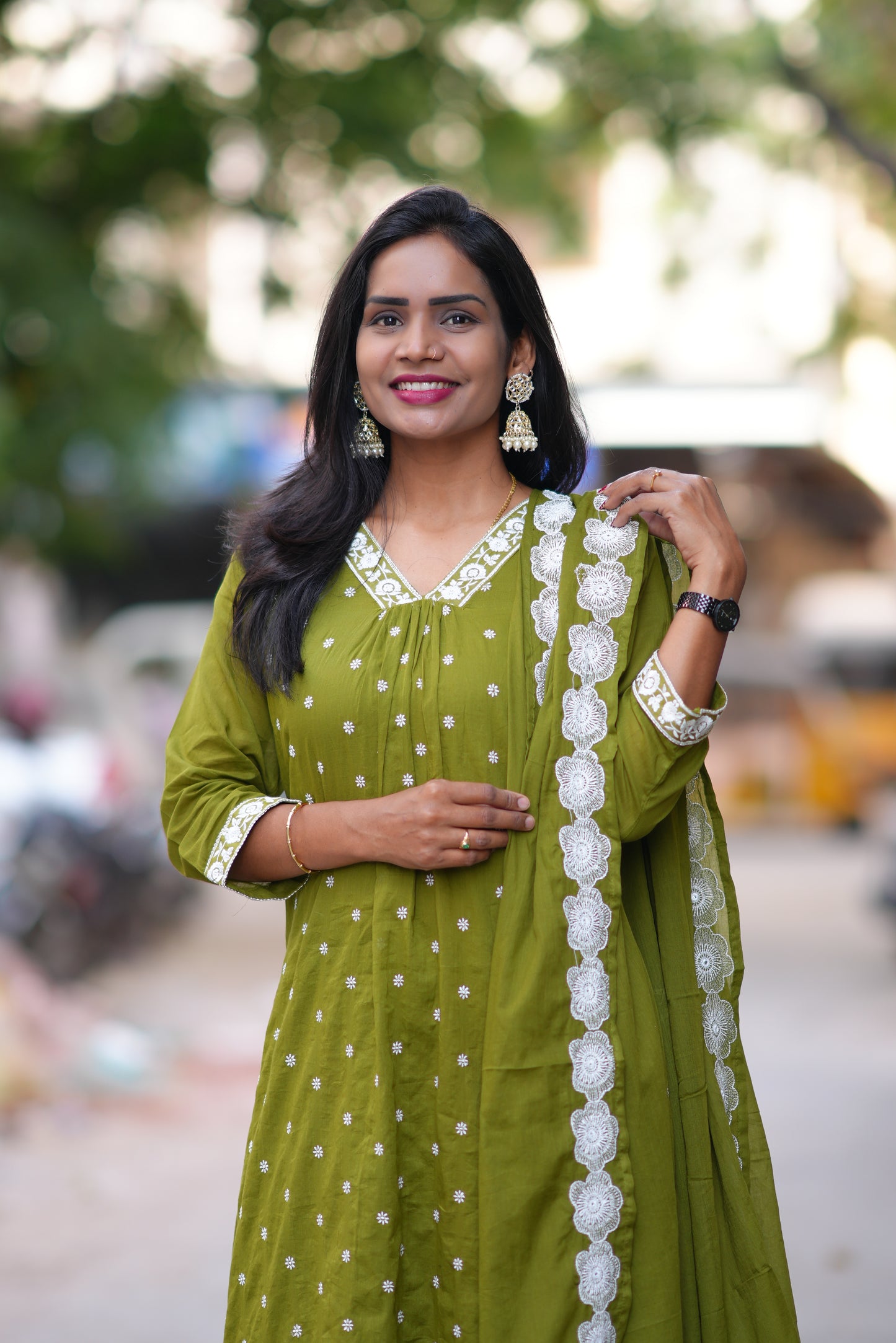 Green Color Mul Cotton Designer 3 Piece Set With Complete Lining