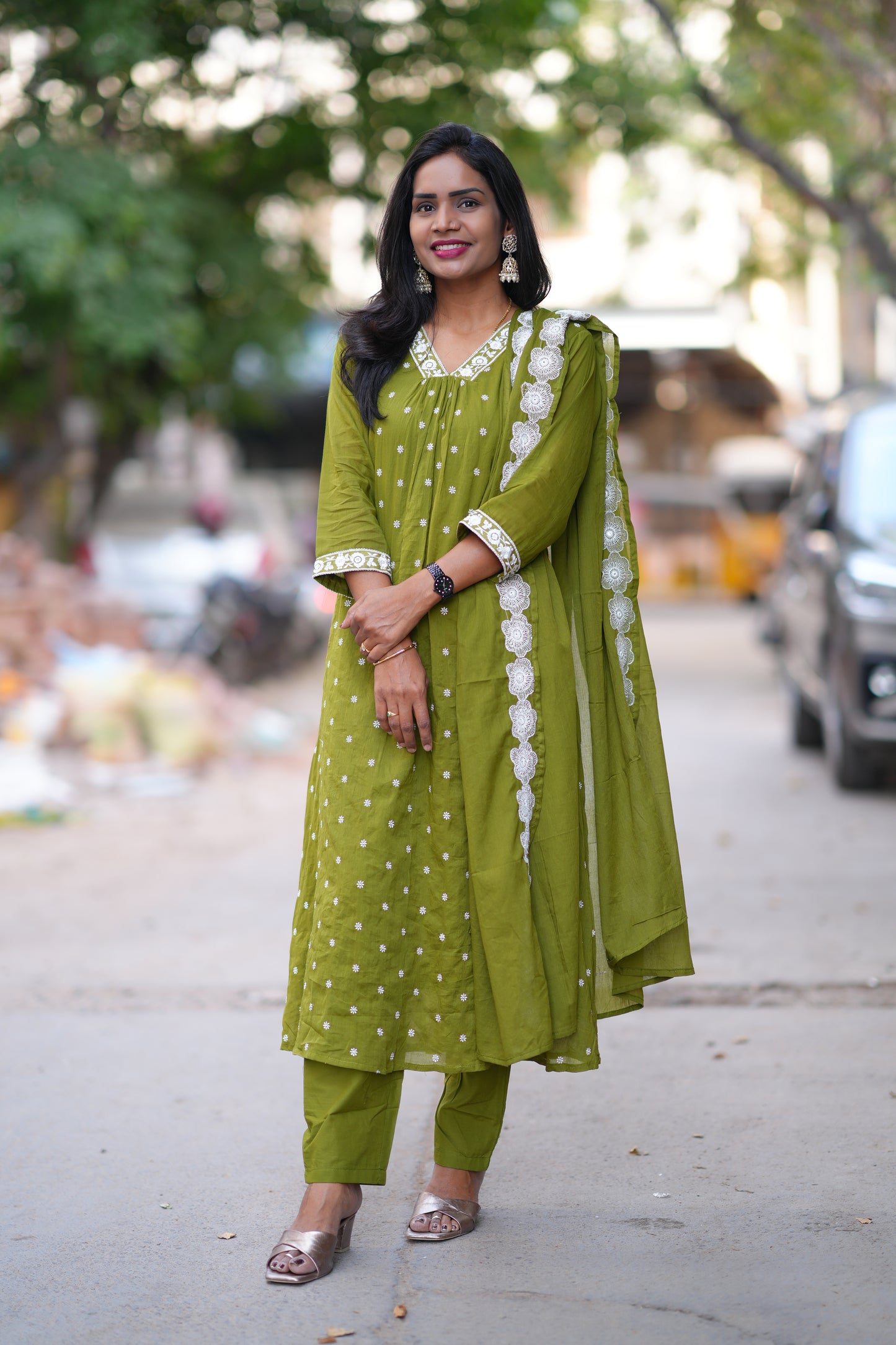 Green Color Mul Cotton Designer 3 Piece Set With Complete Lining
