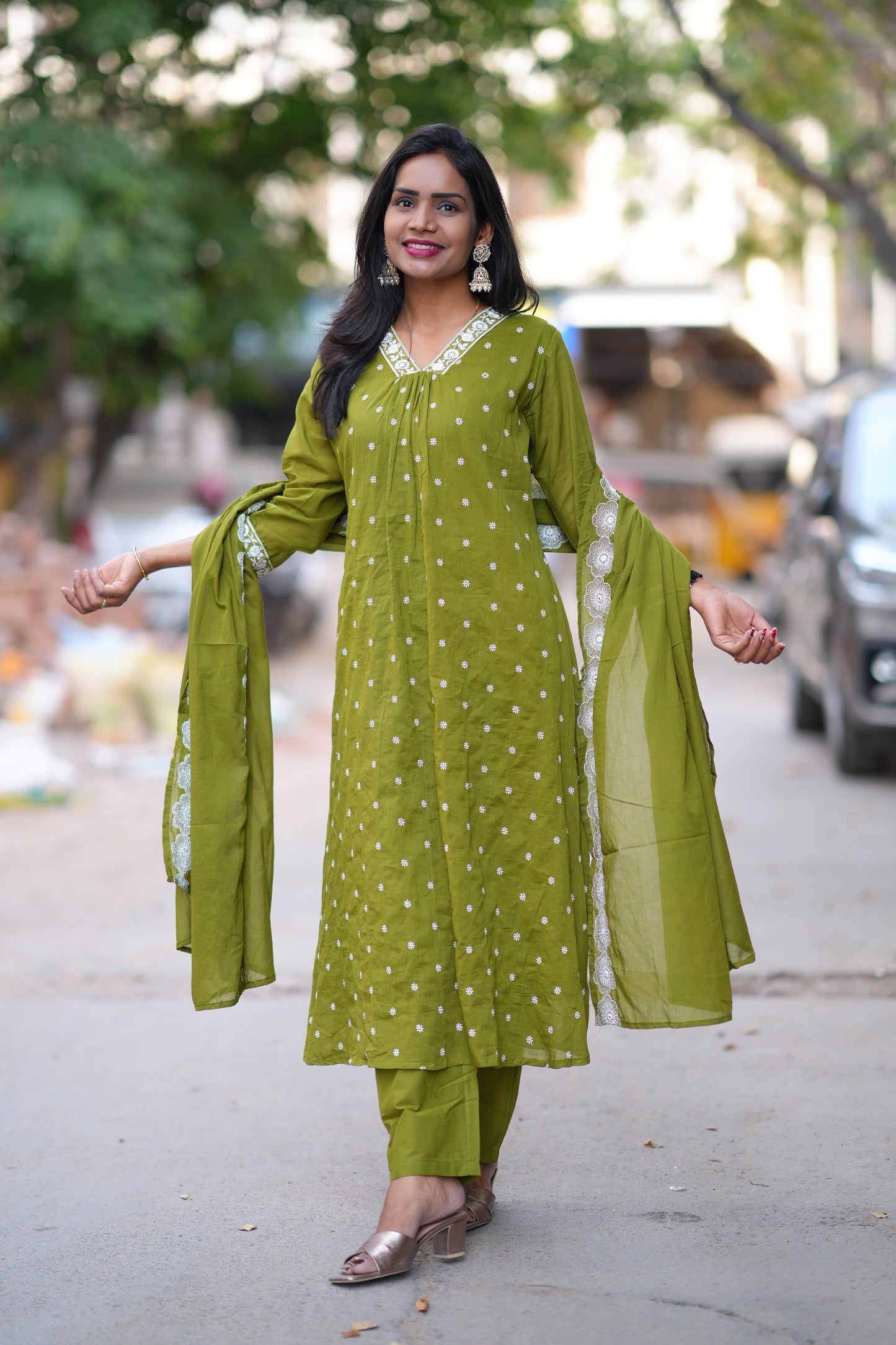 Green Color Mul Cotton Designer 3 Piece Set With Complete Lining