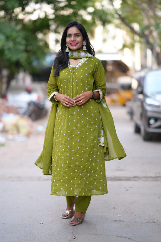 Green Color Mul Cotton Designer 3 Piece Set With Complete Lining