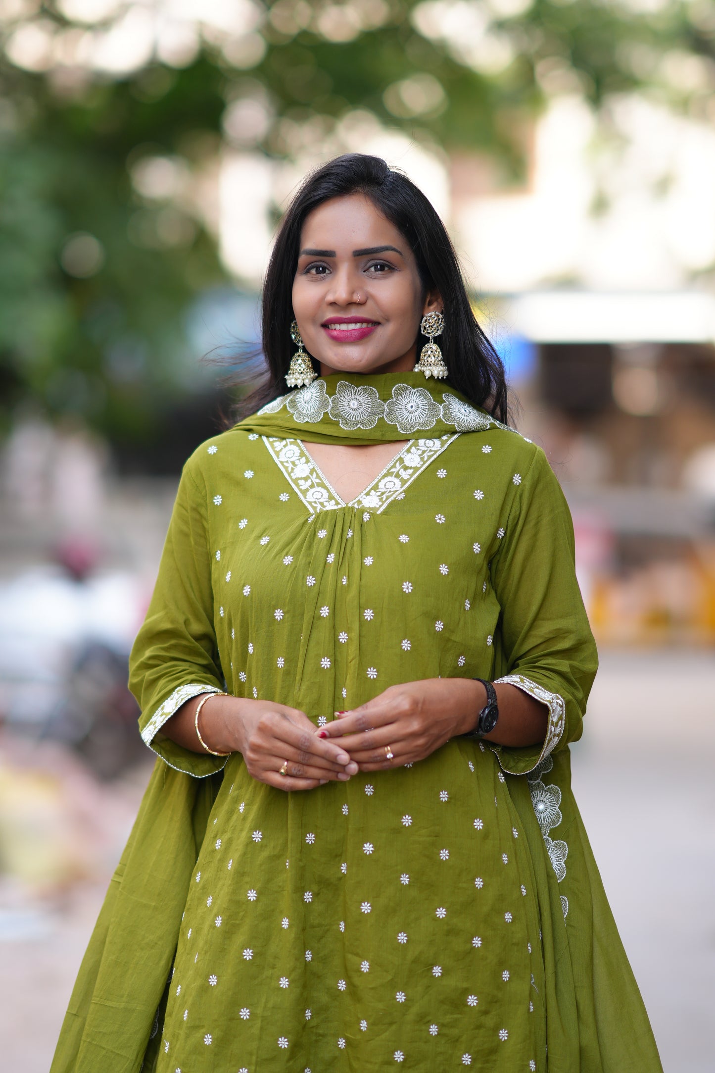 Green Color Mul Cotton Designer 3 Piece Set With Complete Lining