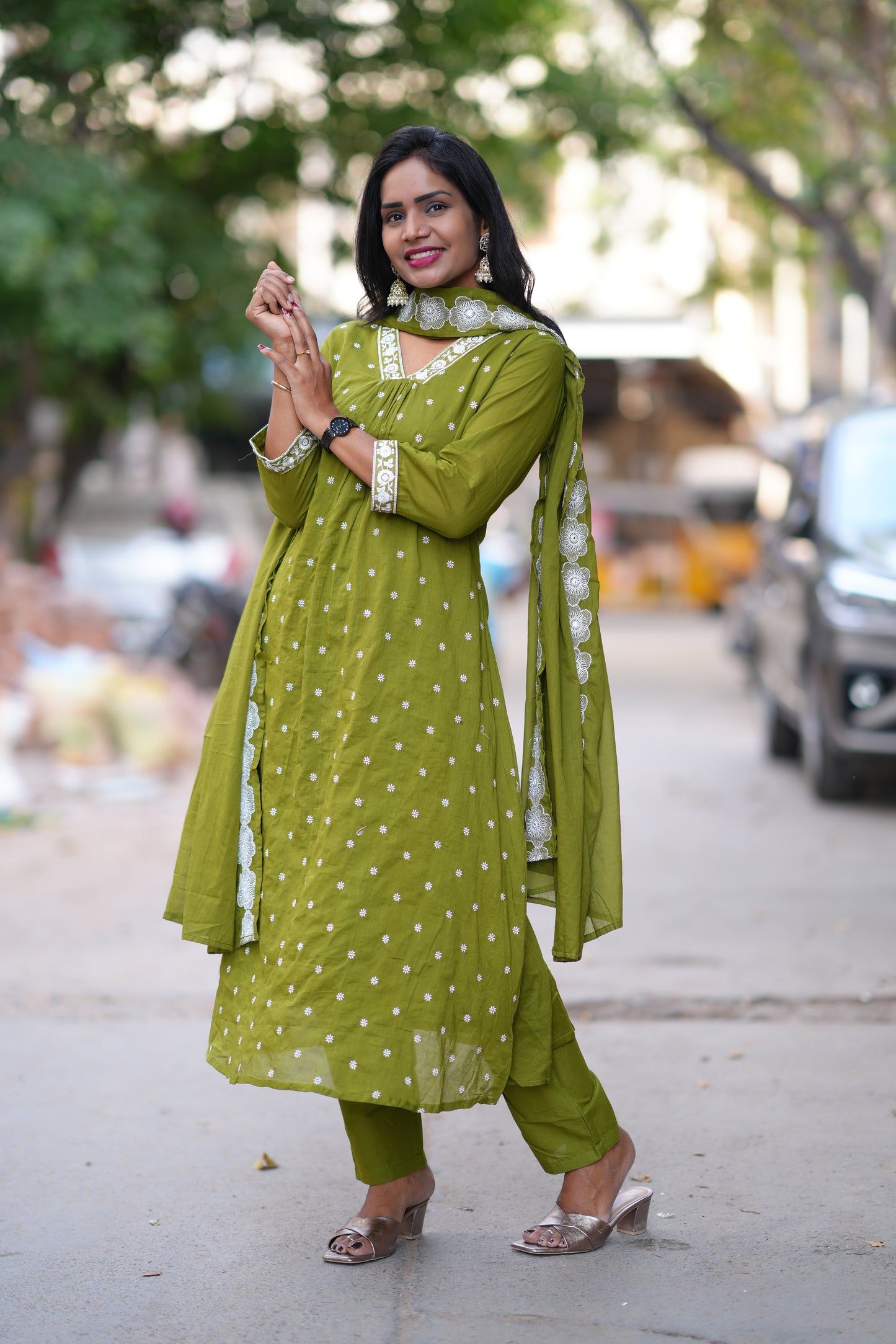Green Color Mul Cotton Designer 3 Piece Set With Complete Lining