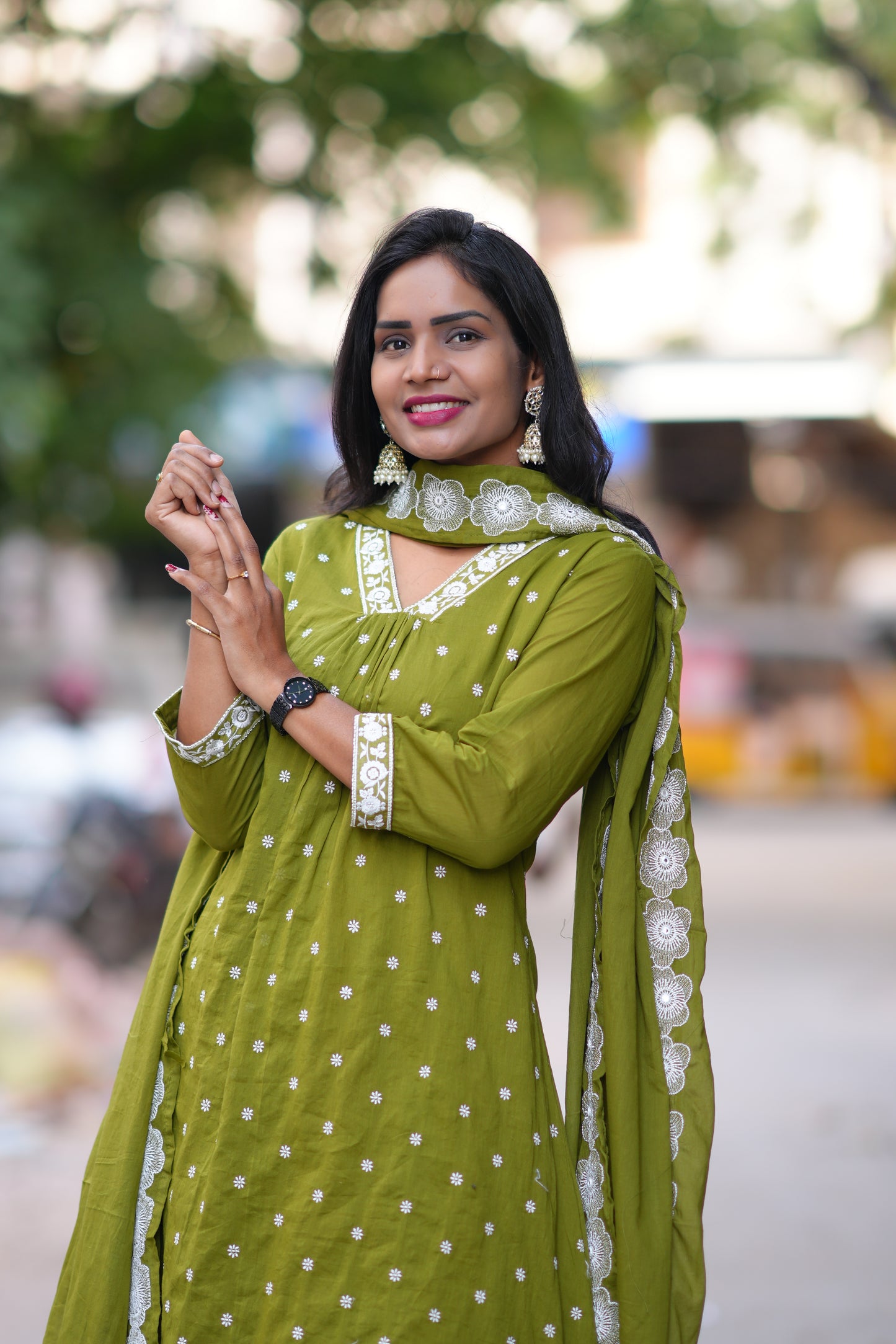 Green Color Mul Cotton Designer 3 Piece Set With Complete Lining