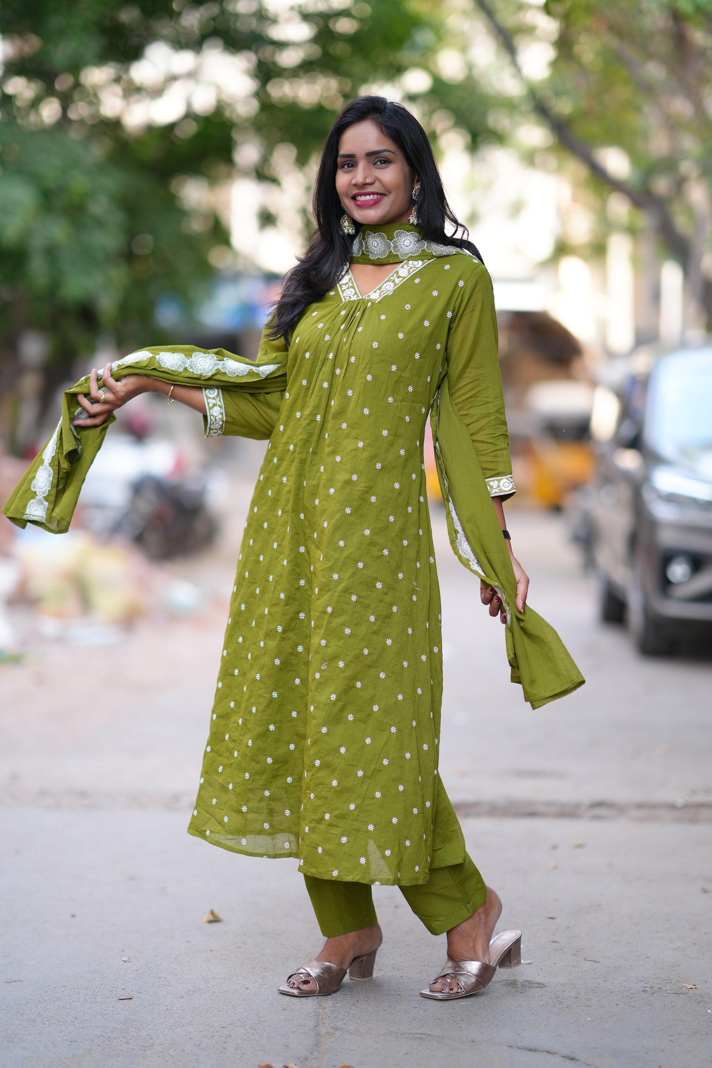 Green Color Mul Cotton Designer 3 Piece Set With Complete Lining