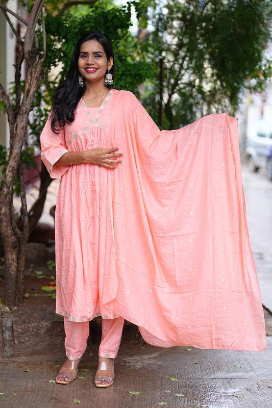 Peach Color Pure Slub Cotton With Lining 3 Piece Set