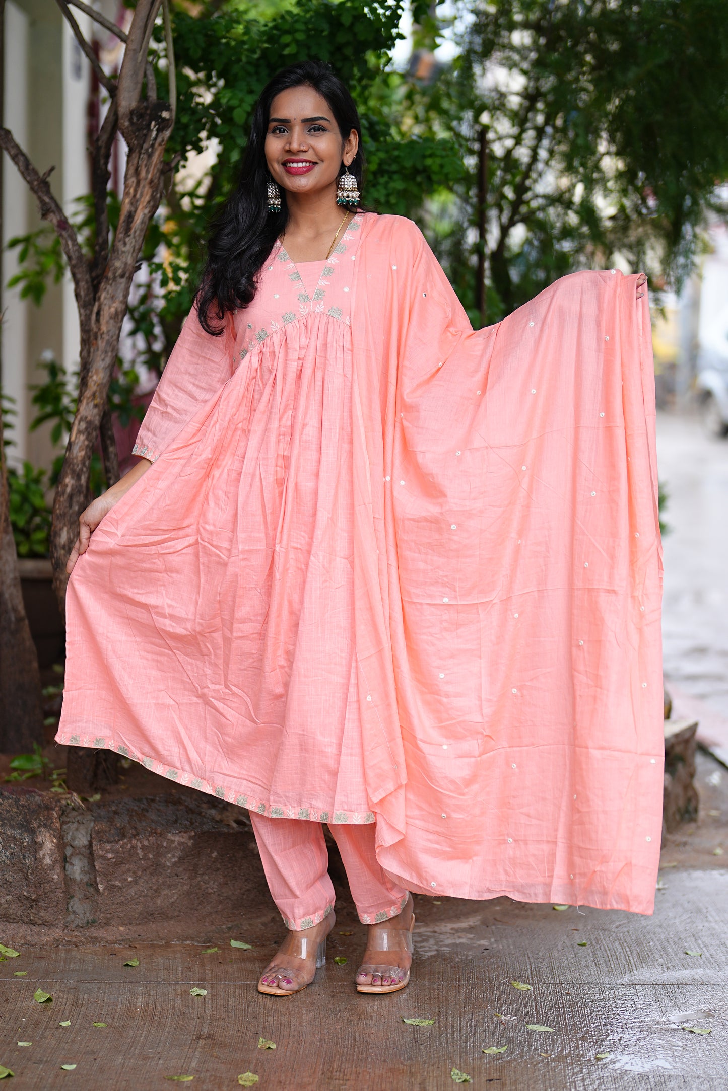Peach Color Pure Slub Cotton With Lining 3 Piece Set