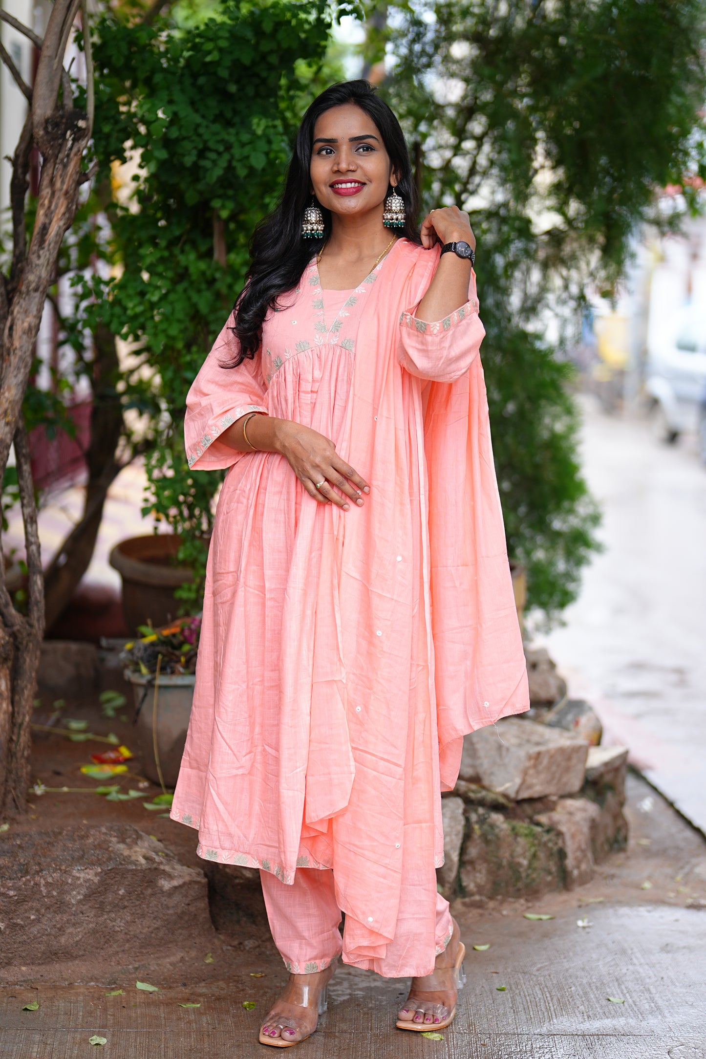 Peach Color Pure Slub Cotton With Lining 3 Piece Set