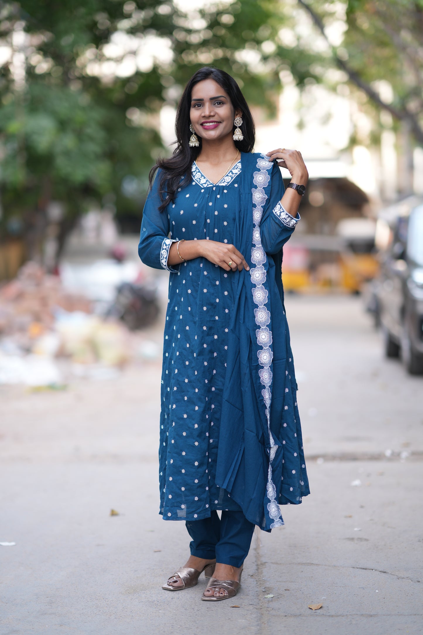 Peacock Blue Mul Cotton Designer 3 Piece Set With Complete Lining