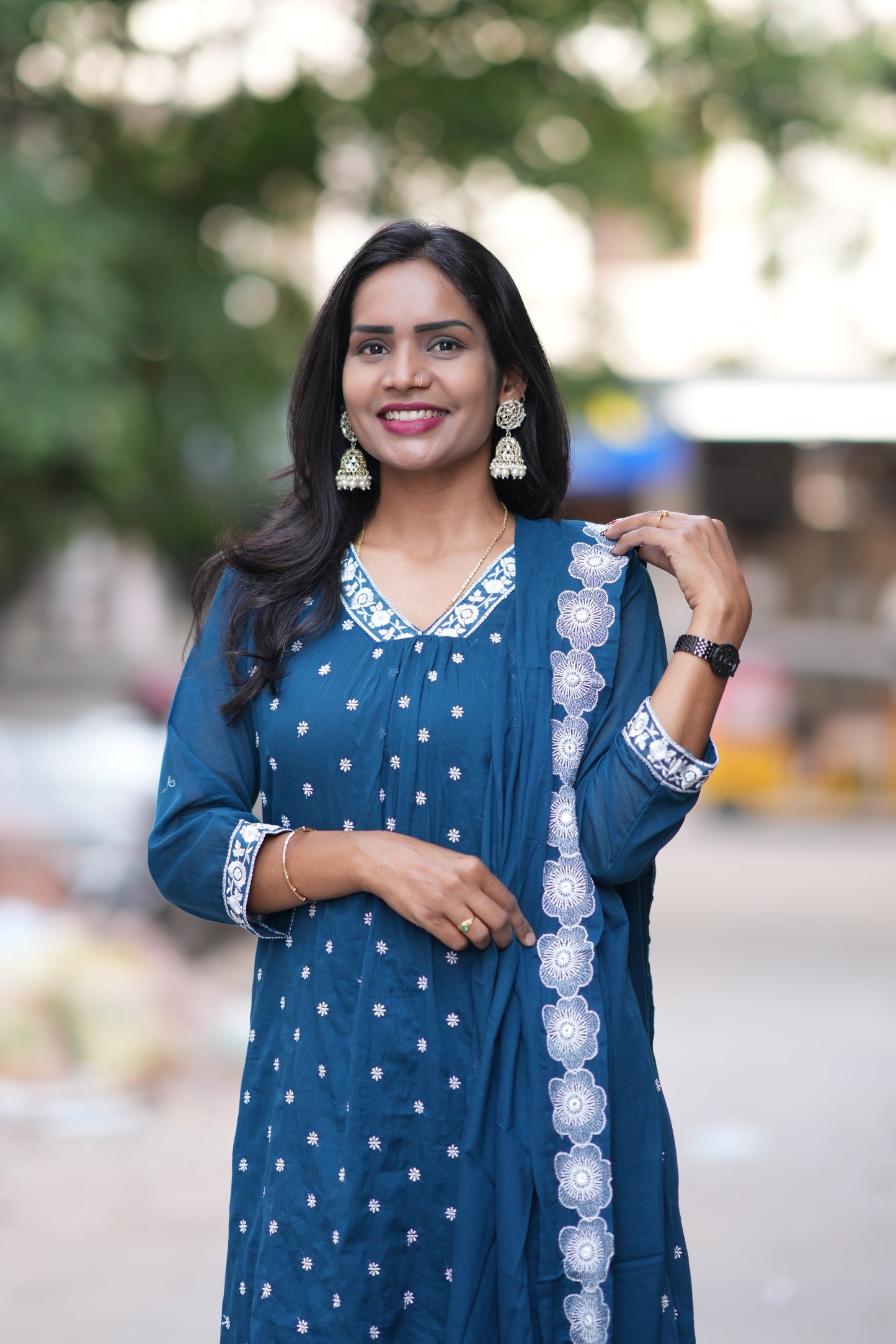 Peacock Blue Mul Cotton Designer 3 Piece Set With Complete Lining