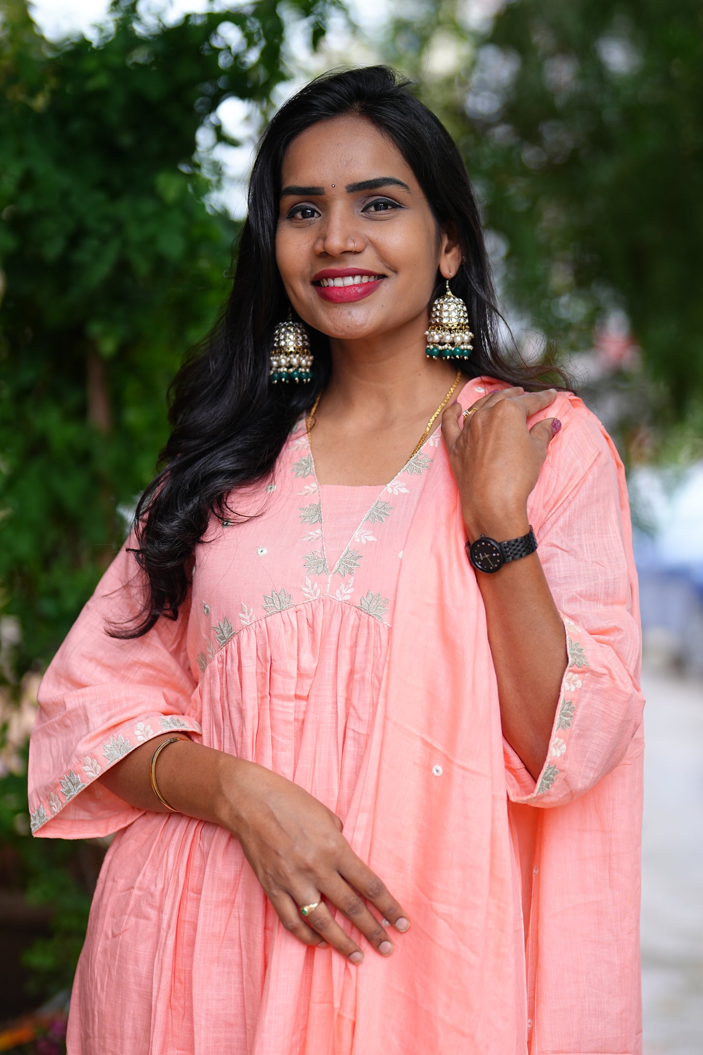 Peach Color Pure Slub Cotton With Lining 3 Piece Set