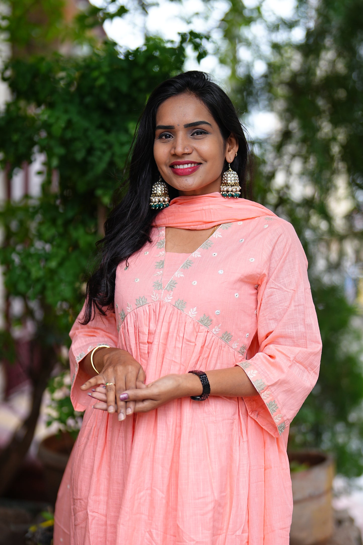 Peach Color Pure Slub Cotton With Lining 3 Piece Set