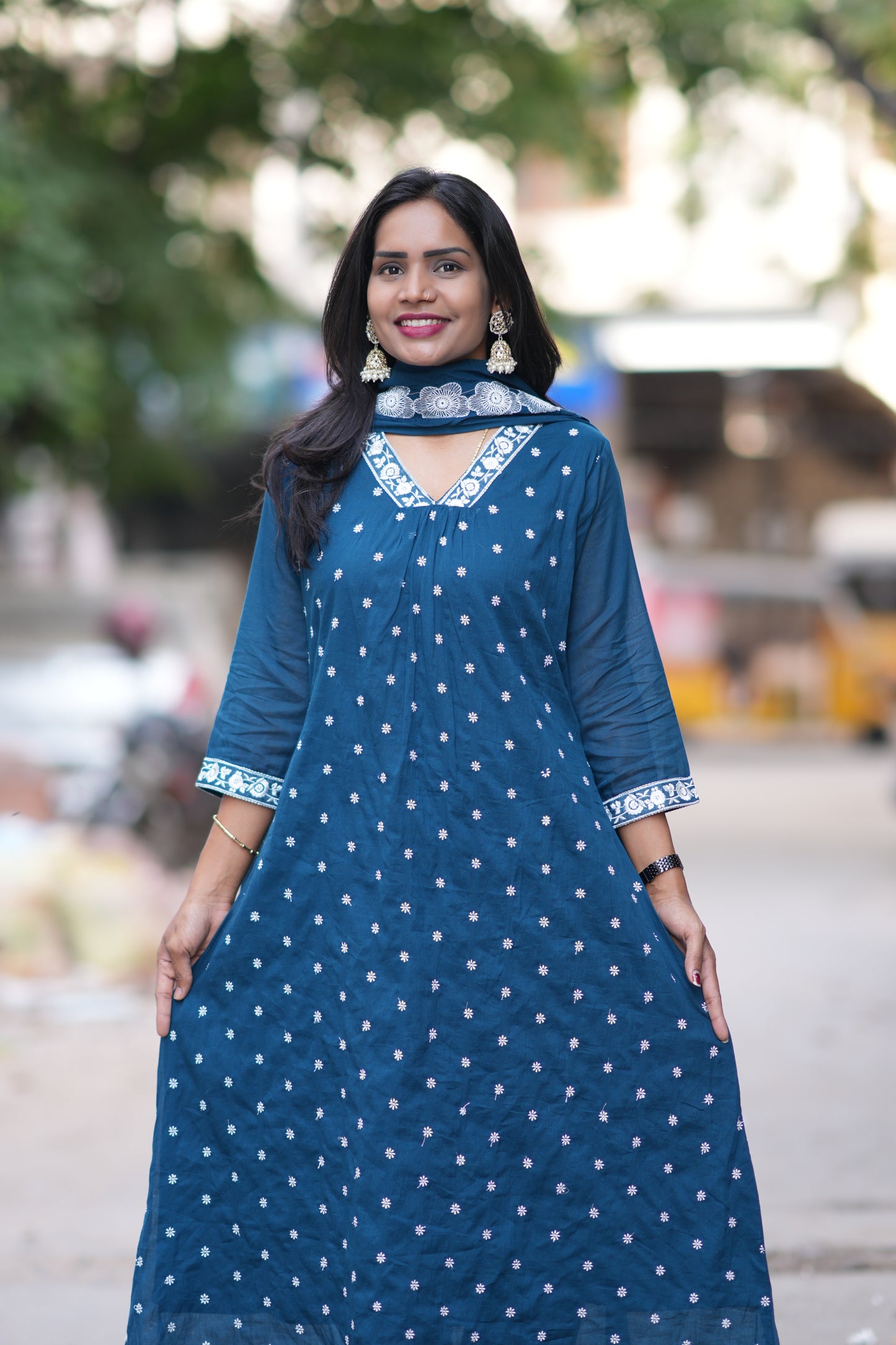 Peacock Blue Mul Cotton Designer 3 Piece Set With Complete Lining